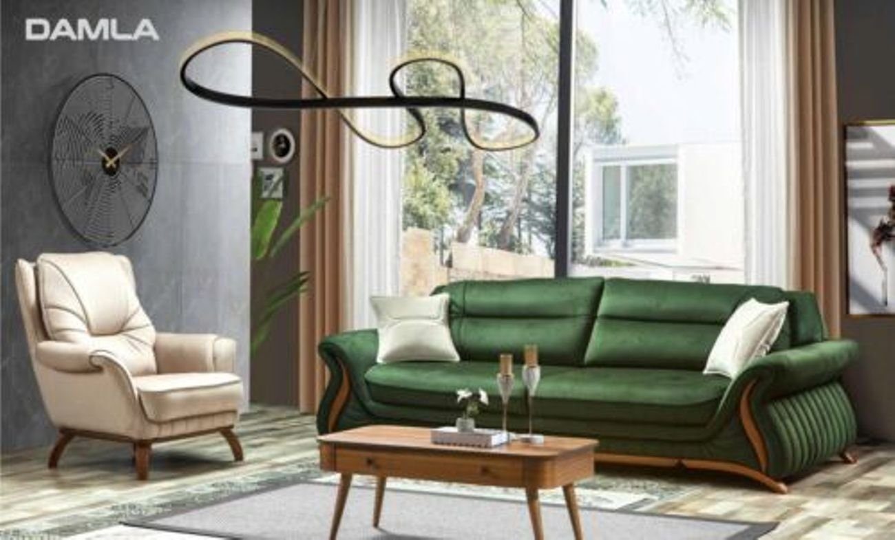 JVmoebel Wohnzimmer-Set Sofa 3+1 Sitz Couchen Sessel Luxus Design Grün Kunstleder Sofas Polster