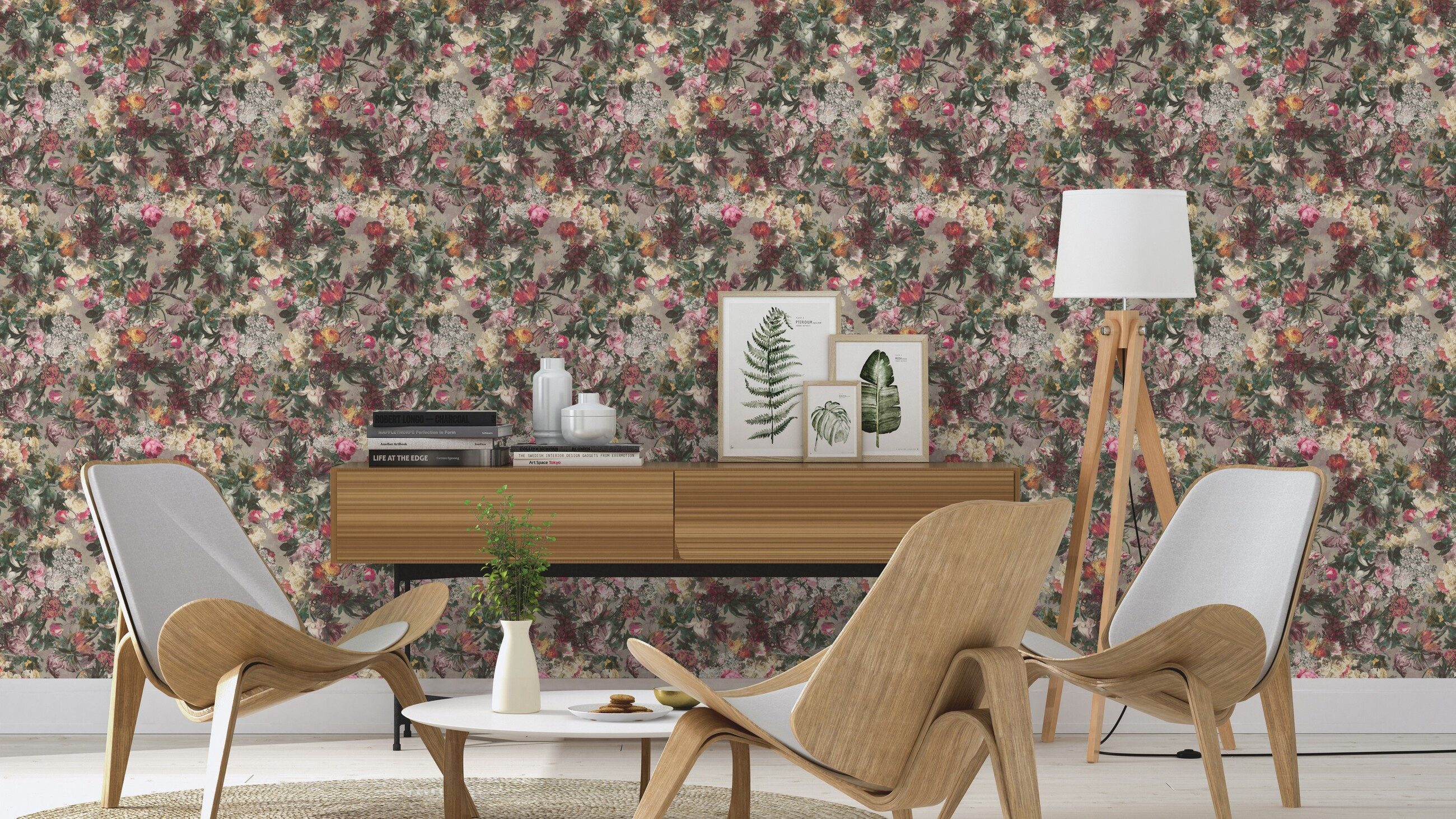 Rasch Vliestapete Blumen - Vinyltapete Weiß Beige Grün Rot Pink Gelb, Floral, (1 Rolle, 1 St., Kollektion 'Passepartout' - 10,05 m x 0,53 m), gute Lichtbeständigkeit, hoch waschbeständig, restlos abziehbar
