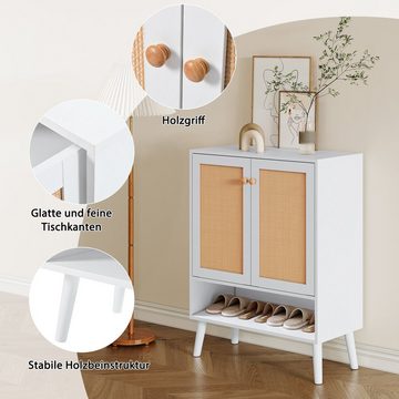 REDOM Schuhschrank Sideboard (aus natürlichem Rattan mit 2 Türen und 5 Regalböden, Massivholzbeinen)