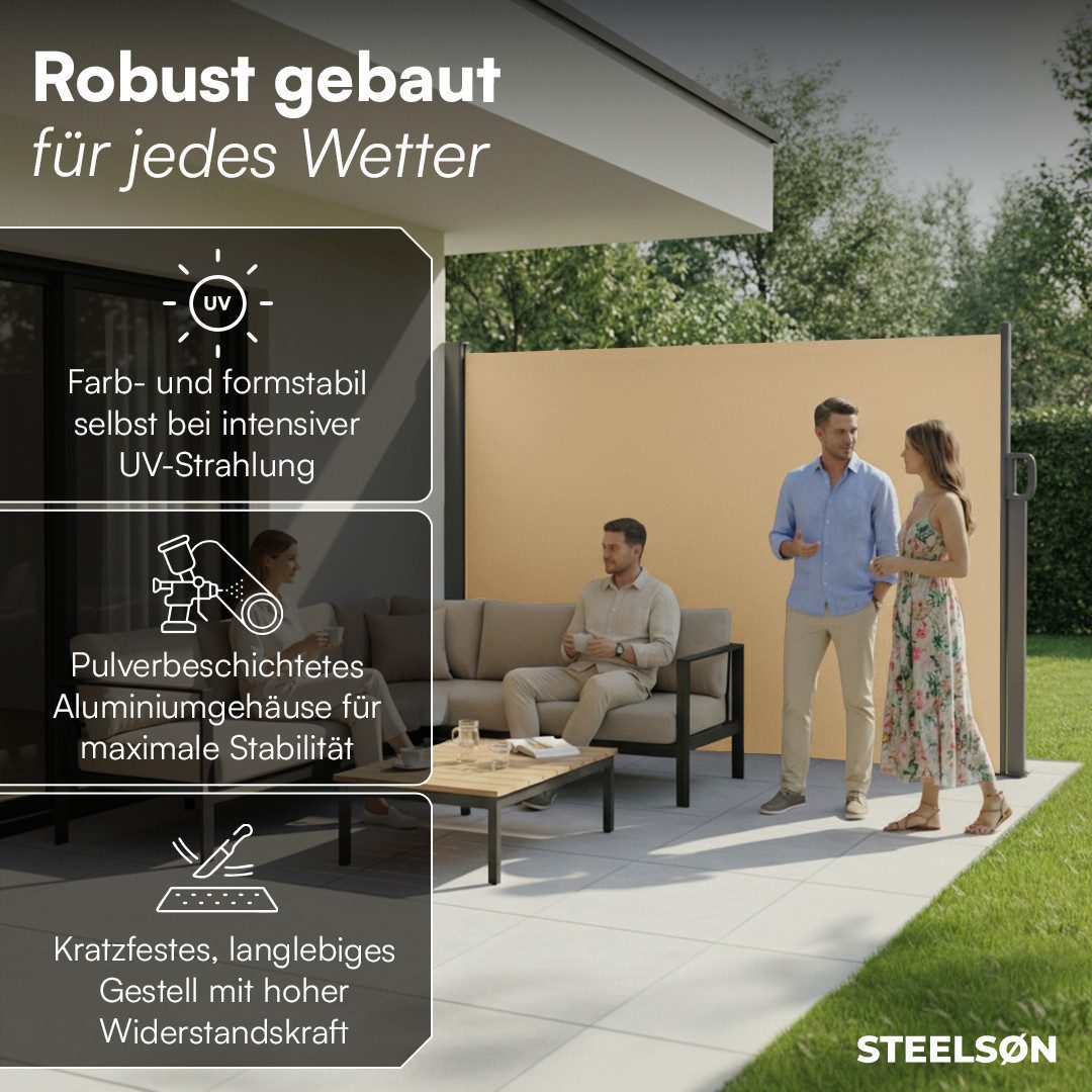 STEELSØN Seitenmarkise Zirella mit individuell einstellbarer Länge (beige, 160x400 cm) Windschutz mit Griff, Sichtschutz ausziehbar, für Garten/Terrasse