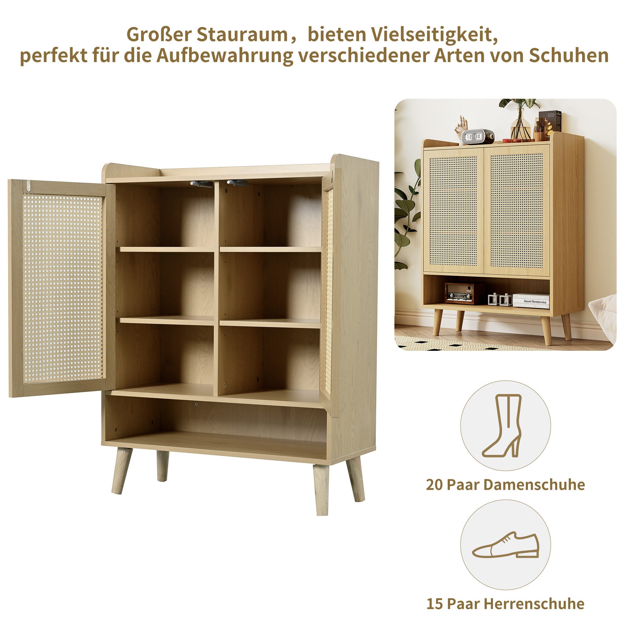 REDOM Schuhschrank aus natürlichem Rattan (1-St) mit 2 Türen und 5 Regalböden,B80/H105/T35 cm