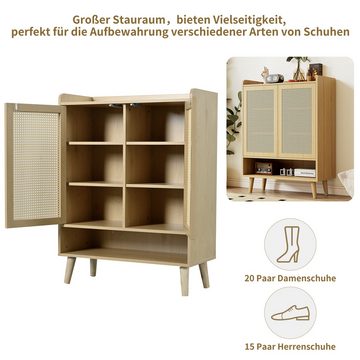 REDOM Schuhschrank aus natürlichem Rattan mit 2 Türen und 5 Regalböden, B80/H105/T35 cm