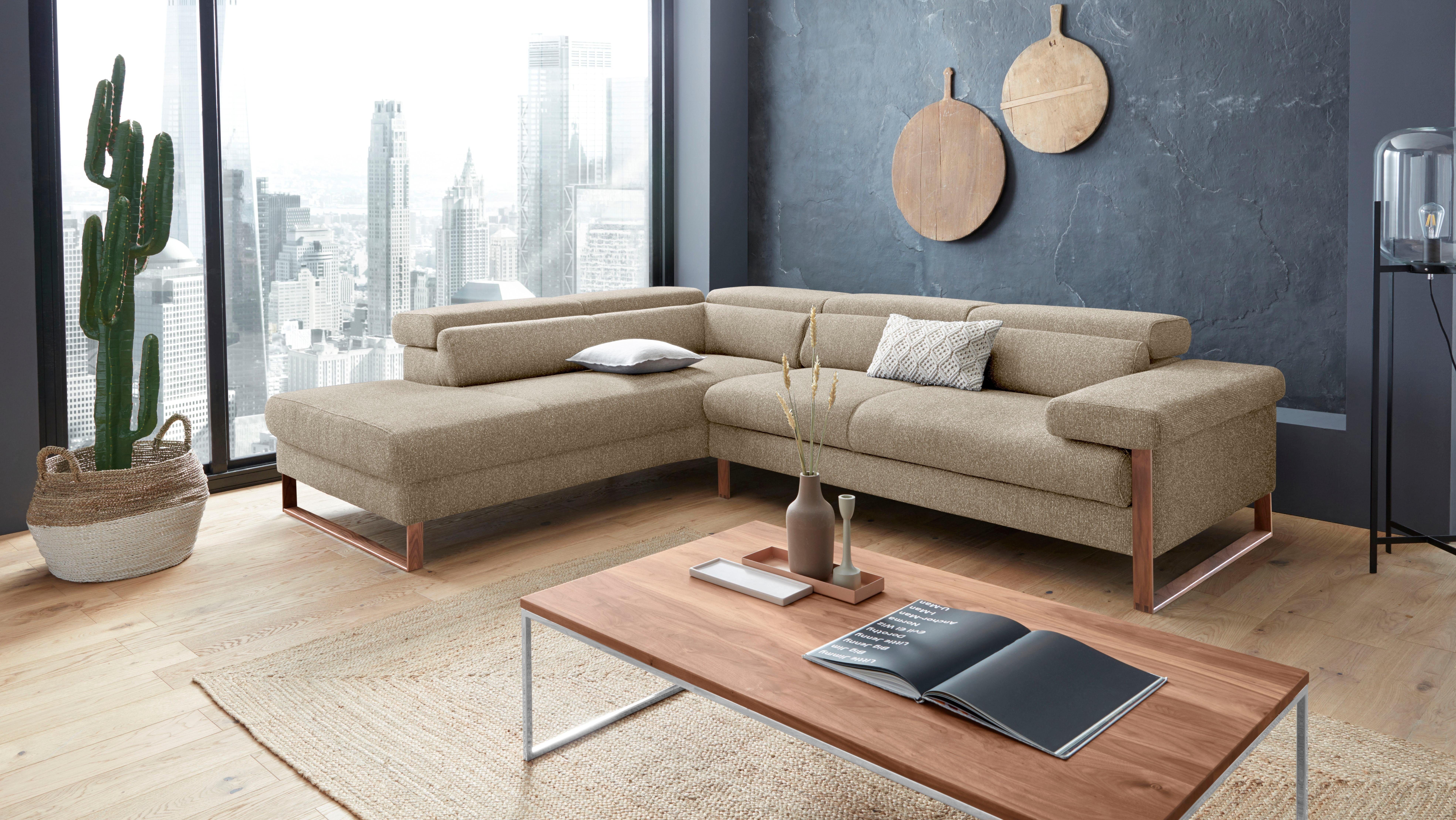 W.SCHILLIG Ecksofa finn, Designsofa mit tollem Sitzkomfort, bequem, L-Form, German Design Award 2016, Fußgestell Nussbaum natur, Breite 281 cm