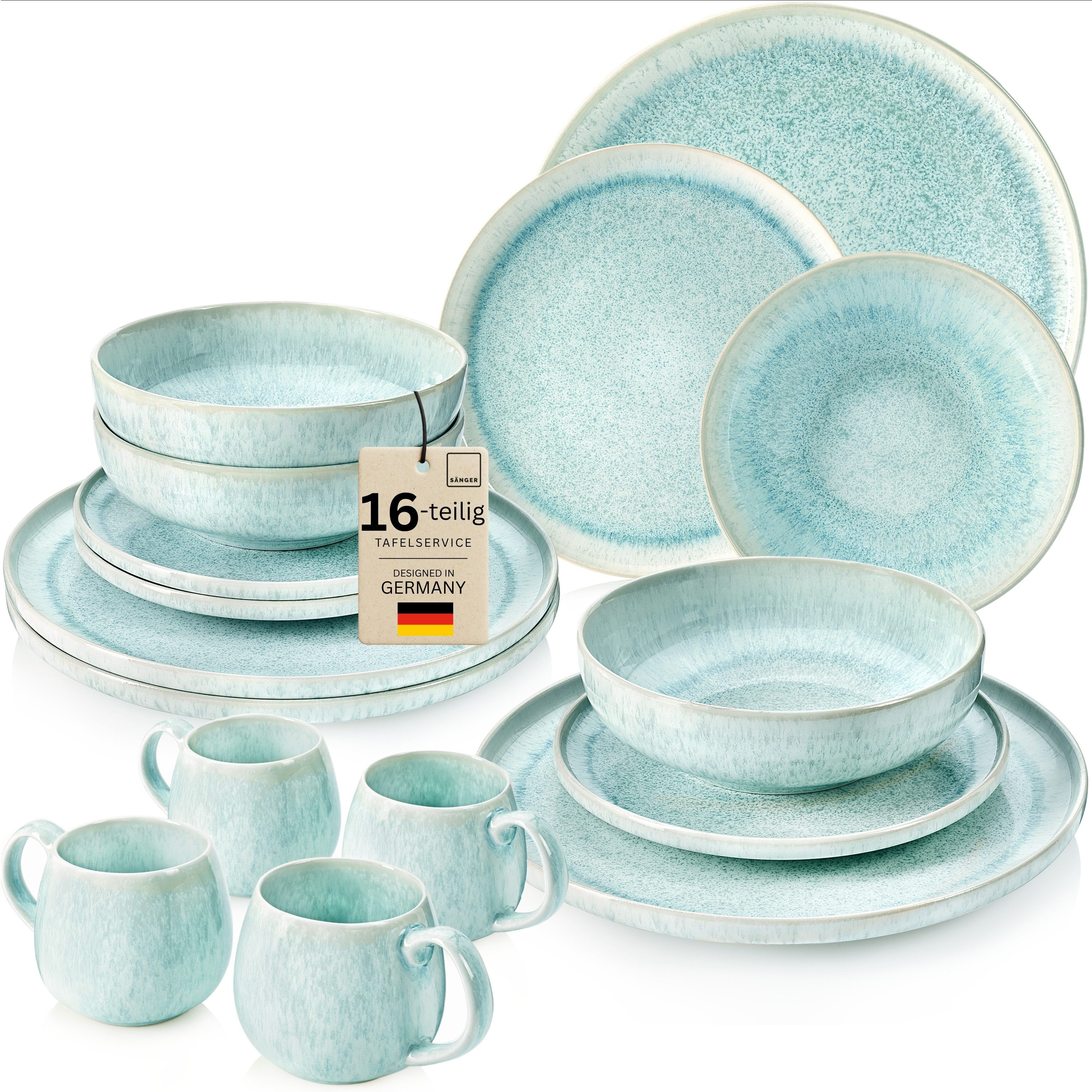 SÄNGER Tafelservice Paros Geschirrset (16-tlg), 4 Personen, Steingut, Blau Türkis, Handmade Premium Collection