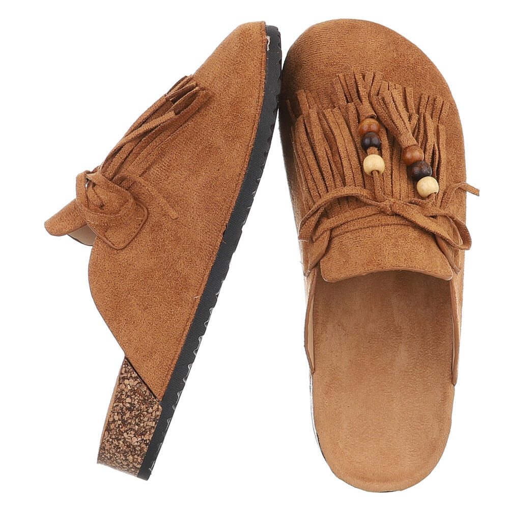 Ital-Design Damen Clog mit Fransen und Perlen, Schlupfschuh Pantolette (91742362) Flach Pantoletten in Camel