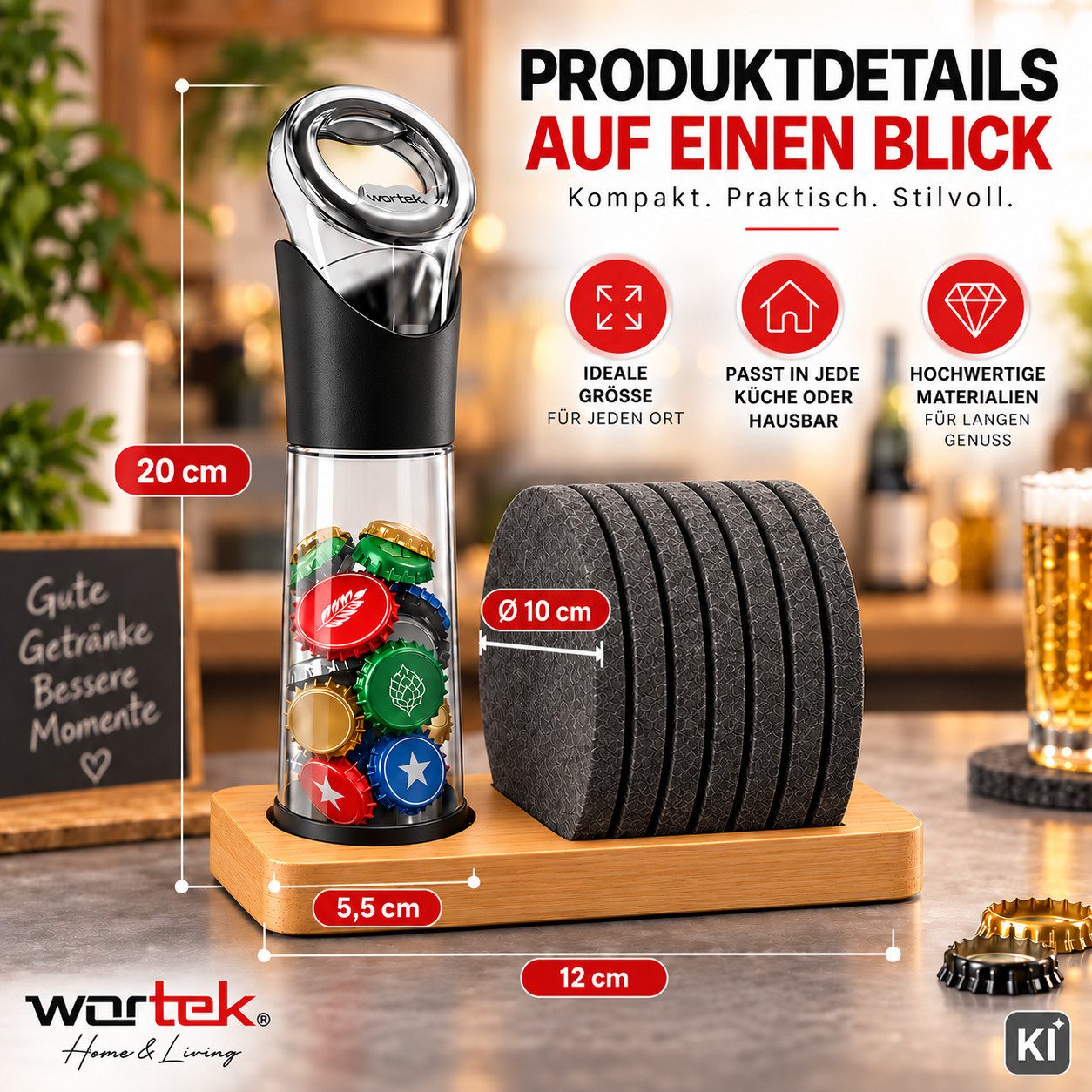 wortek Flaschenöffner Getränkeöffner mit Auffangbehälter Bieröffner (Set, 2-tlg., Flaschenöffner mit Kronkorken Sammler), Geschenk für Männer und Bierliebhaber  – Bild 3 von 5