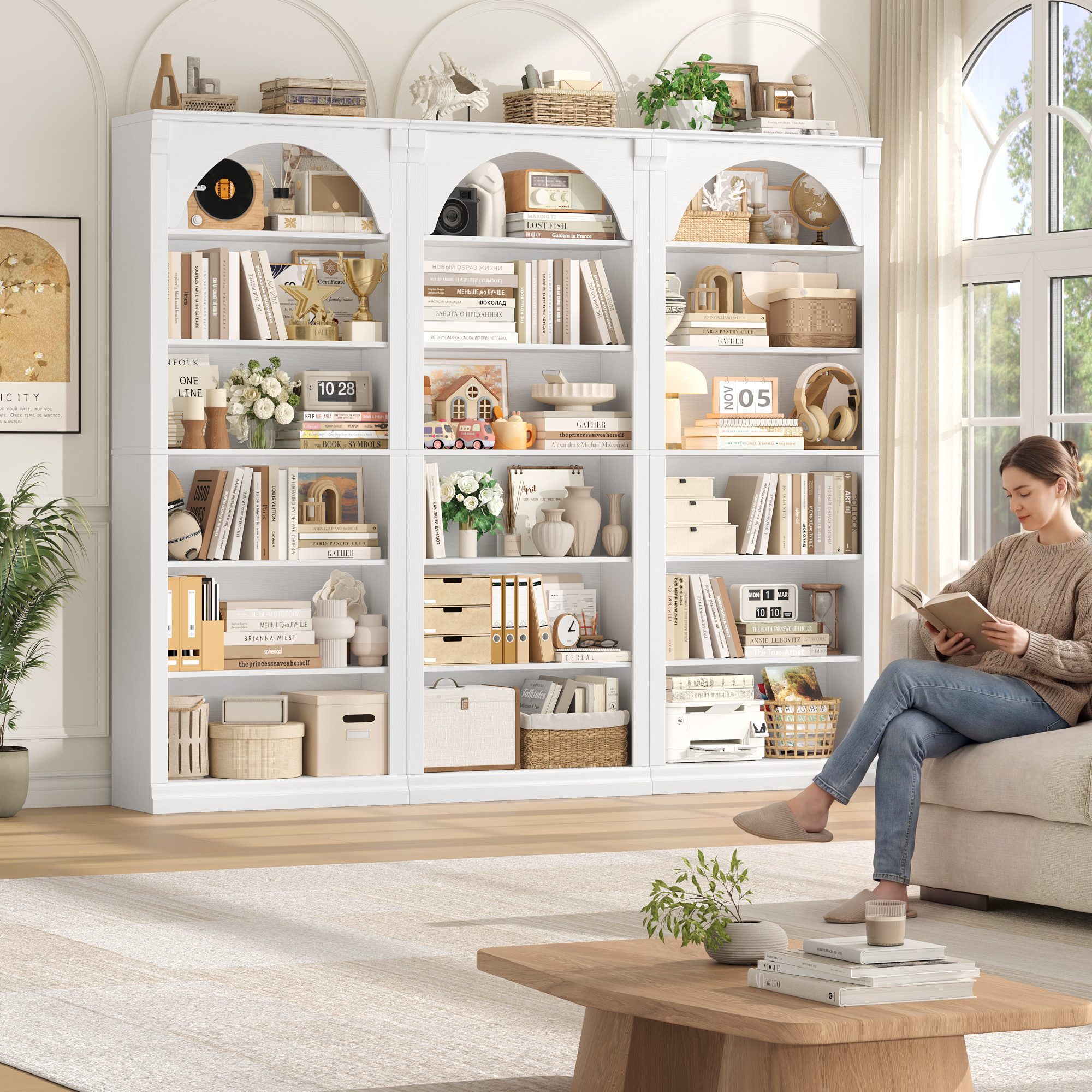 Homfa Bücherregal gewölbtes Bücherschrank, Standregal mit 6 Fächern 75x28x186cm Weiß