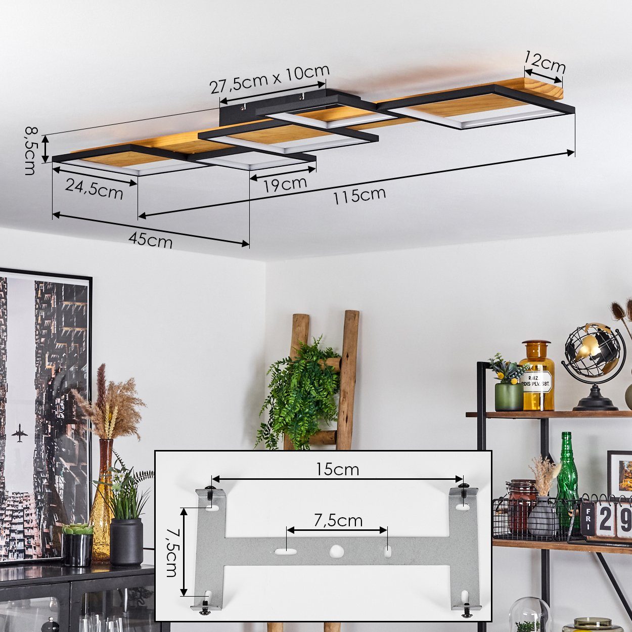 hofstein Deckenleuchte »Palermo« dimmbare Deckenlampe, Metall/Holz/Kunststoff, Schwarz/Natur, 3000 Kelvin, über herkömmlichen Lichtschalter dimmbar, LED, 5700 Lumen