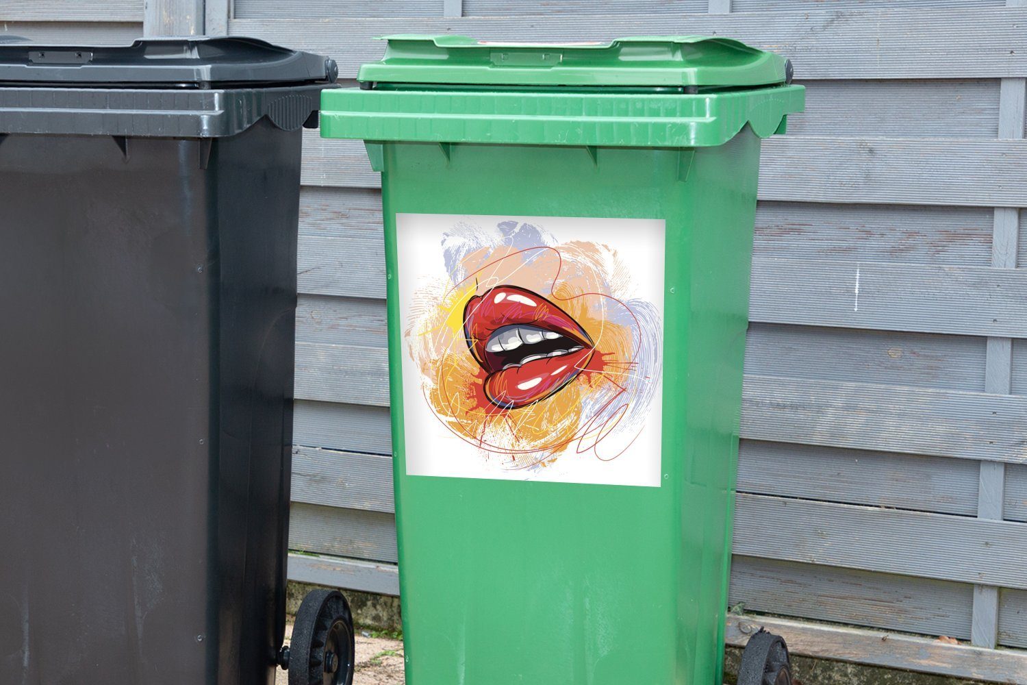 MuchoWow Wandsticker Illustration Mülleimer-aufkleber, Lippen St), (1 Abfalbehälter Sticker, Mülltonne, eines Container, Eine Paares roter