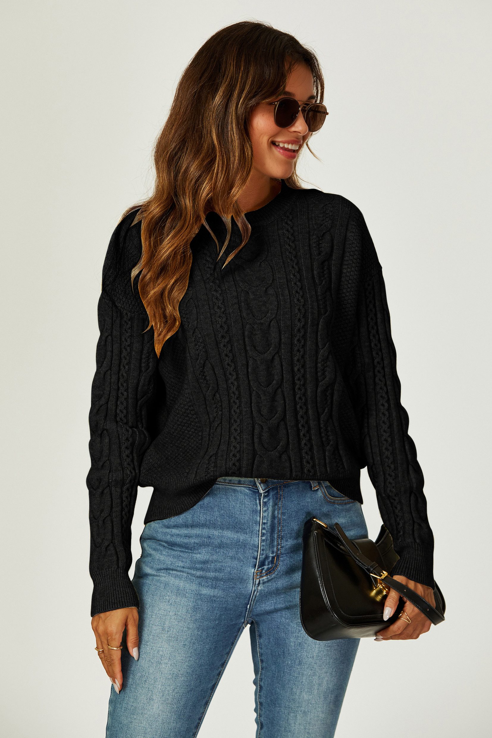 FS Collection Strickpullover Damen Strickpullover Rundhalspullover -Zopfmuster Rundhalsausschnitt (Einheitsgröße: UK 8–16 / EU 36–44, 4 Farben : Schwarz, Dunkelgrau, Rosa und Taupe) 18 % Wolle, 56 % Viskose und 26 % Polyester