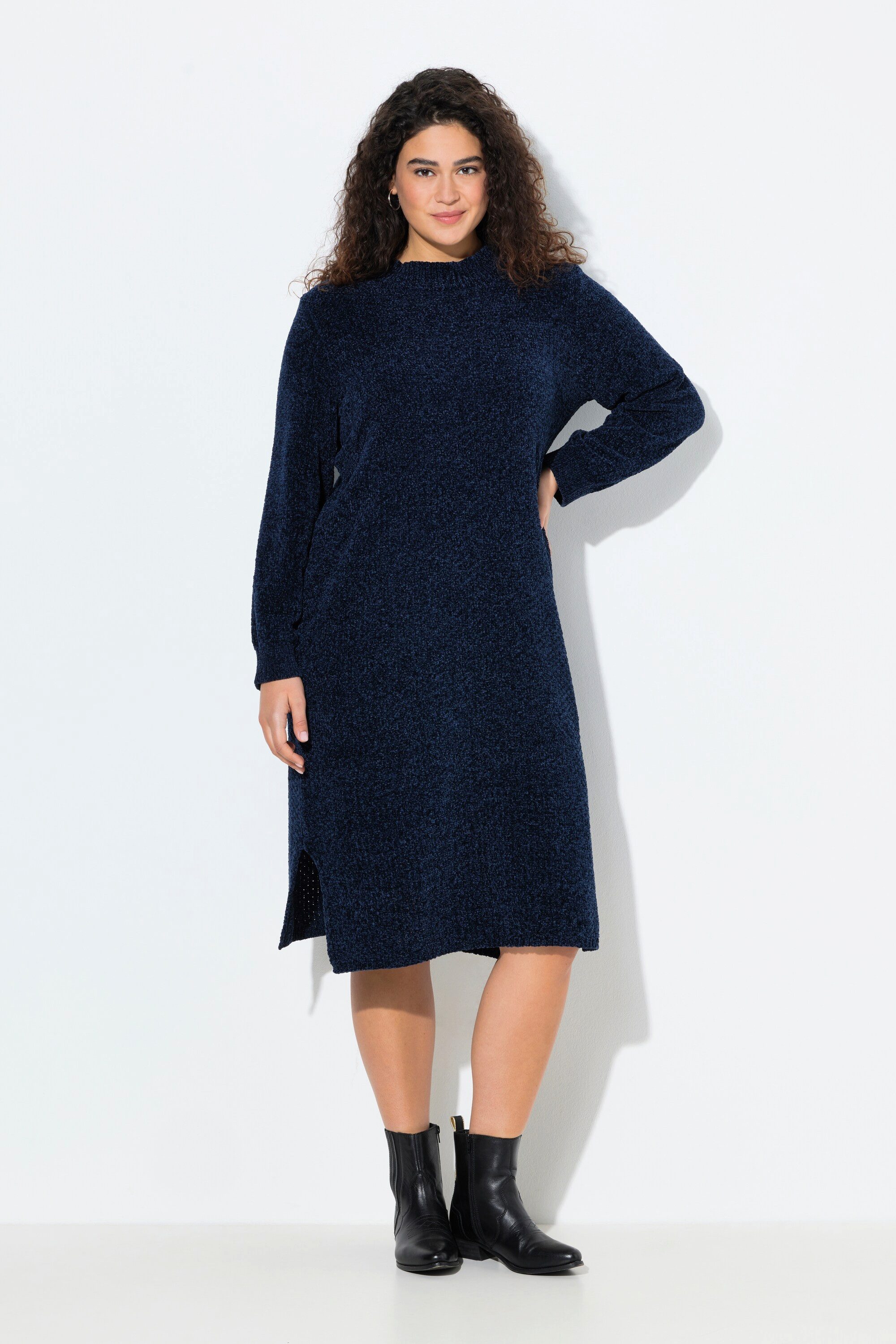 Ulla Popken Strickkleid Chenille-Midikleid weiter Stehkragen Langarm