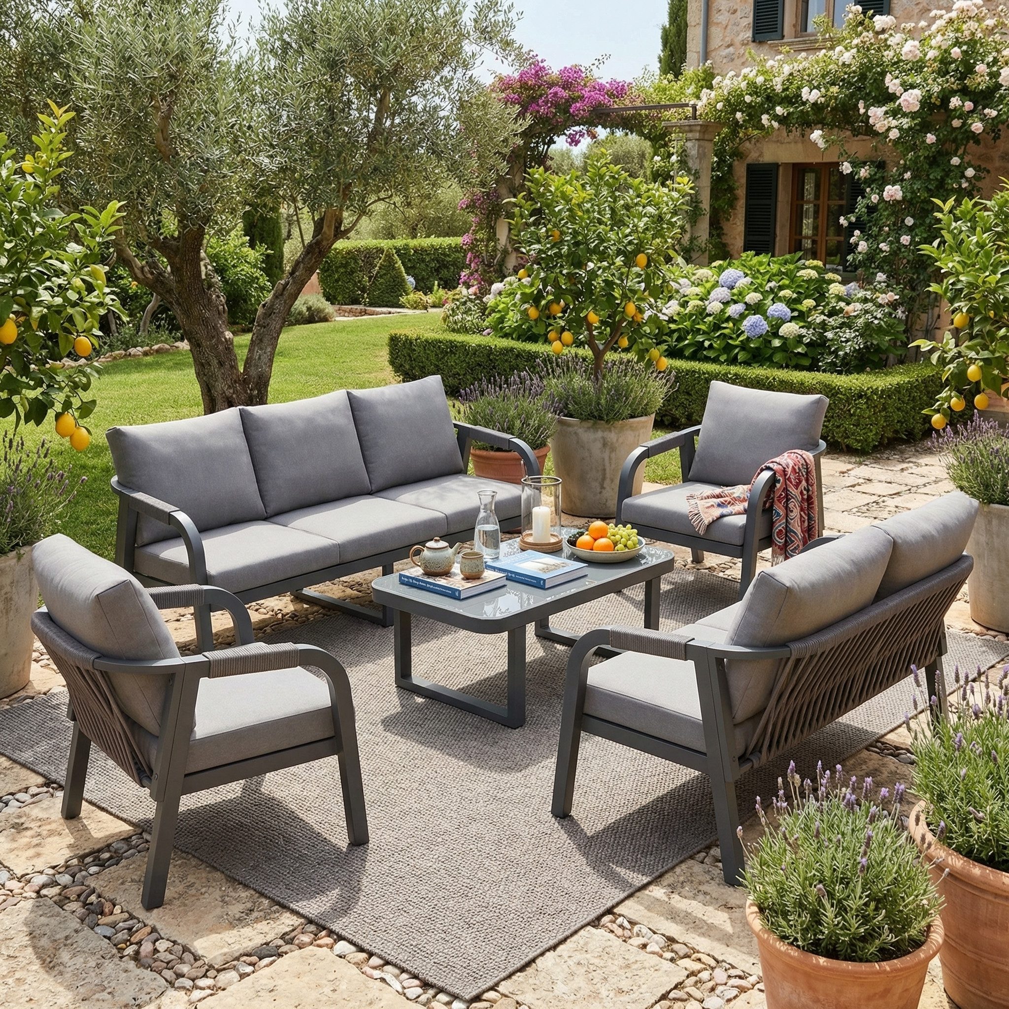 KLAM HOME Gartenlounge-Set Gartenlounge-Set für 7 Personen, 3+2 Sofa + 2 Sessel + Couchtisch, (Wetterfeste Sitzgruppe mit Seilgeflecht & verzinktem Eisenrahmen), Outdoor Garnitur mit Glas-Tischplatte für Garten, Terrasse & Balkon