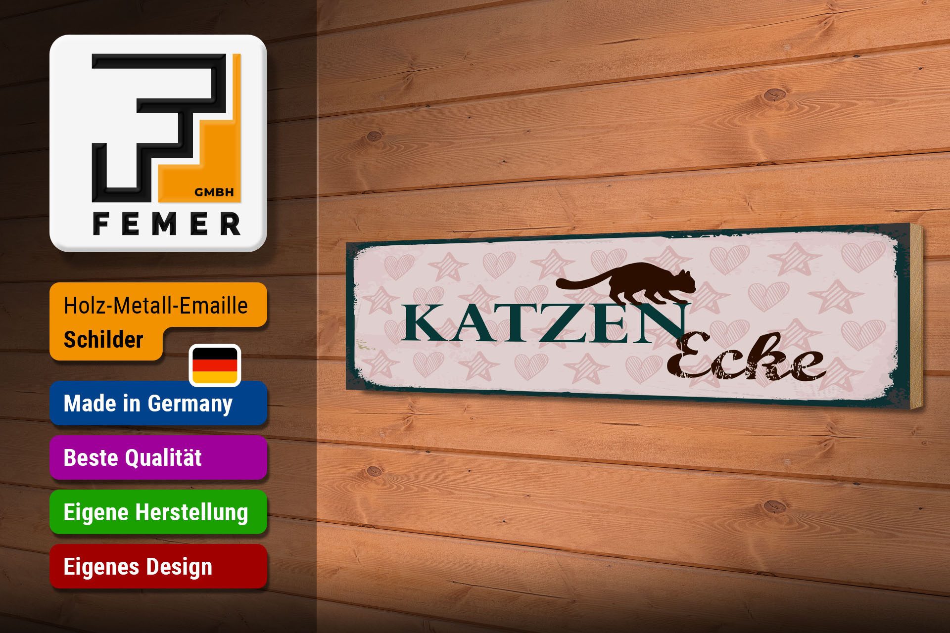 Femer GmbH Holzbild Hinweis 46x10 cm Katzen Ecke, (1 St), Glatte Holzfaserplatte (MDF), vorn beschichtet