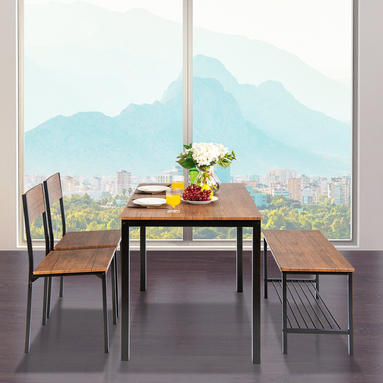 COSTWAY Esstisch, 4-tlg. mit 2 Stühlen, 1 Bank & Aufbewahrungsregal, Braun günstig online kaufen