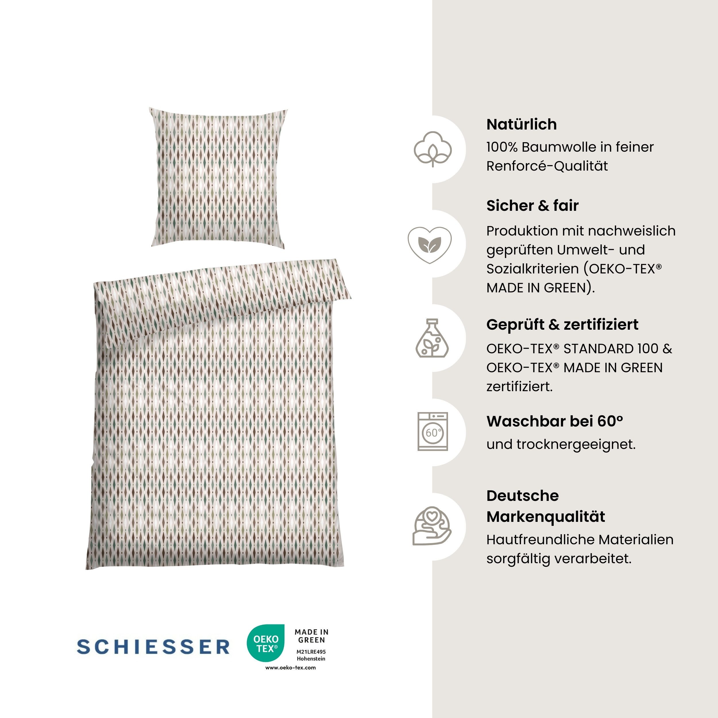 Schiesser Bettwäsche Lotta aus weicher Baumwolle mit grafischem Muster, Renforcé, 2 teilig, MADE IN GREEN by OEKO-TEX®