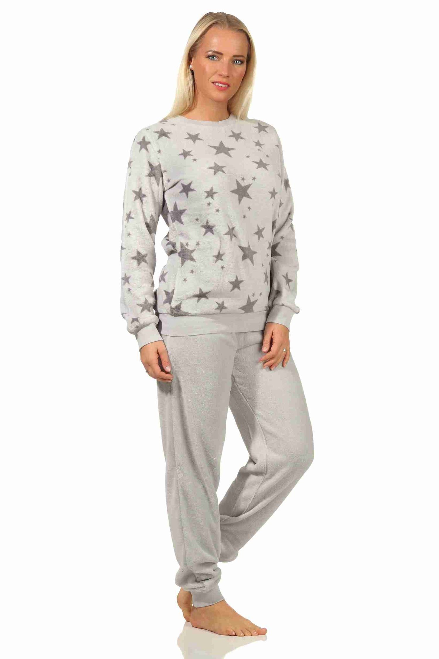 Normann Pyjama Damen Coralfleece Pyjama langarm mit Bündchen und Sternen als Motiv grau