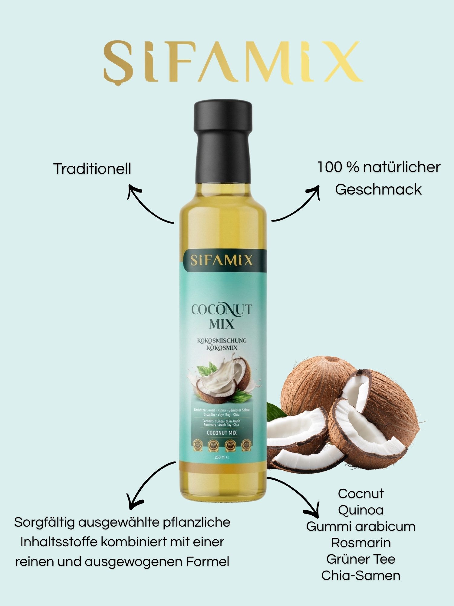 ADELSHOP Getränke-Sirup SIFAMIX Coconut Mix 250ml - Natürliche Kokosmischung mit Chia & Quinoa, 100% natürlich,Ohne Zuckerzusatz,Pflanzliche Inhaltsstoffe