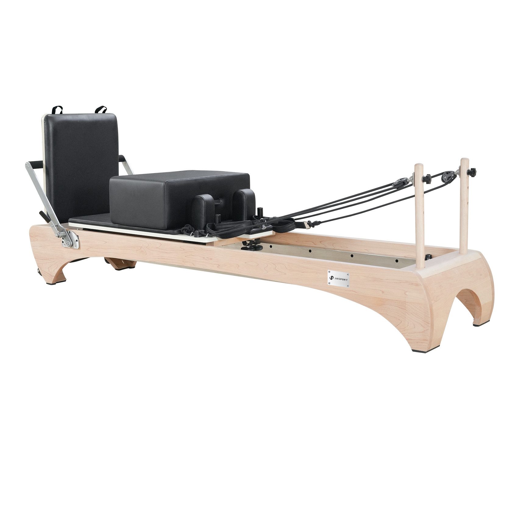 JASPORT Pilates-Reformer H89/H99 Premium Holz Reformer Pilates, (Pilates Reformer mit Jumpboard, Sitzbox, Fußstange und Fußschlaufen), Pilates Reformer, Weißahornholz, 6 Federn, Jumpboard, Sitzbox