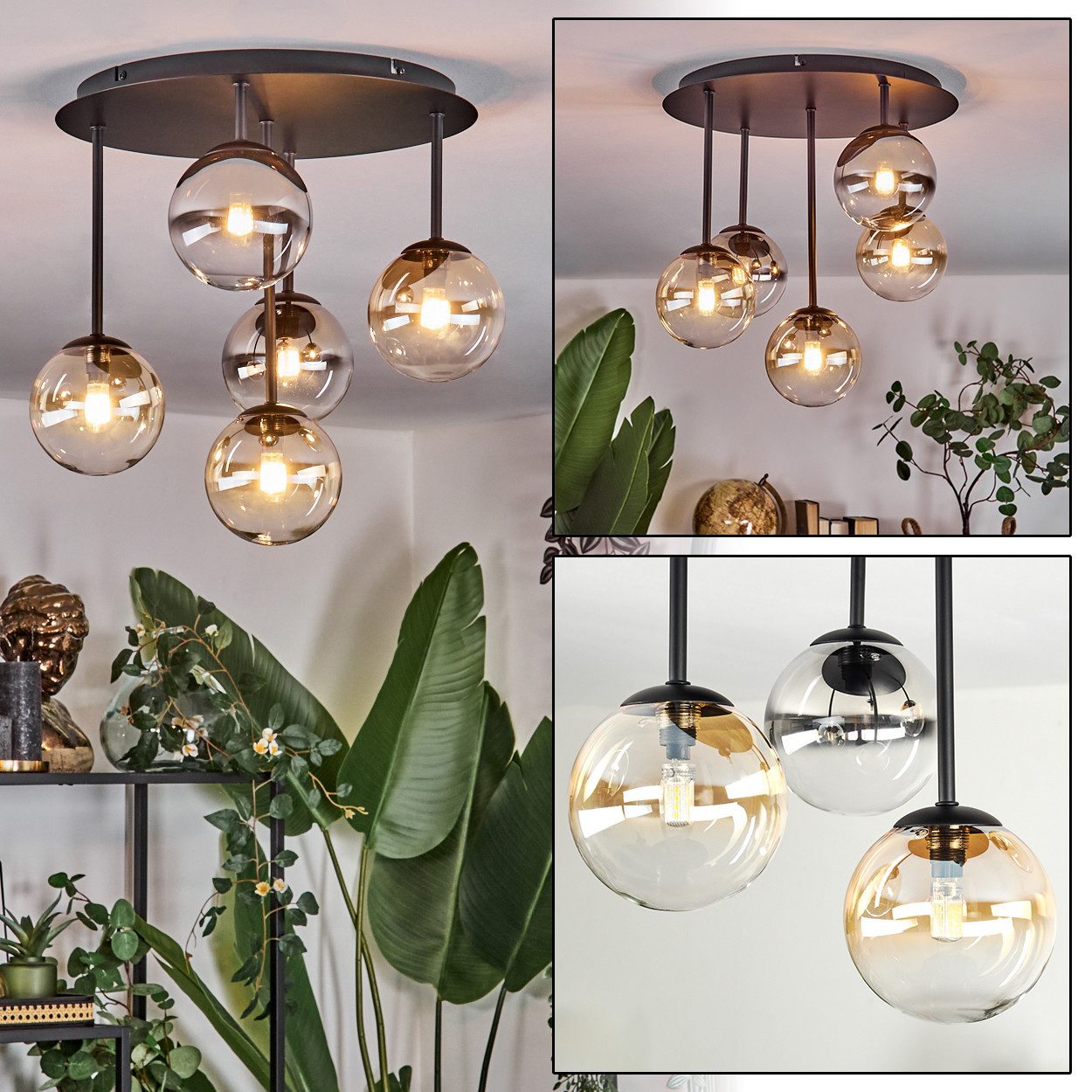 hofstein Deckenleuchte Deckenlampe aus Metall/Glas in Schwarz/Bernstein-/Rauchfarben/Klar, Deckenleuchte im Retro/Vintage-Design (Schirme Ø 12 cm), 5 x G9