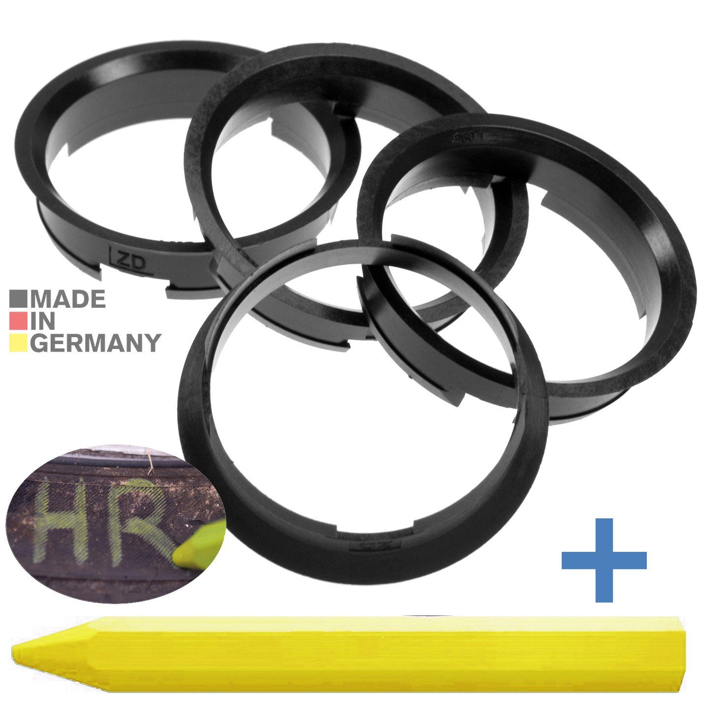 RKC Reifenstift 4X Zentrierringe Schwarz Felgen Ringe + 1x Reifen Kreide Fett Stift, Maße: 63,4 x 60,1 mm
