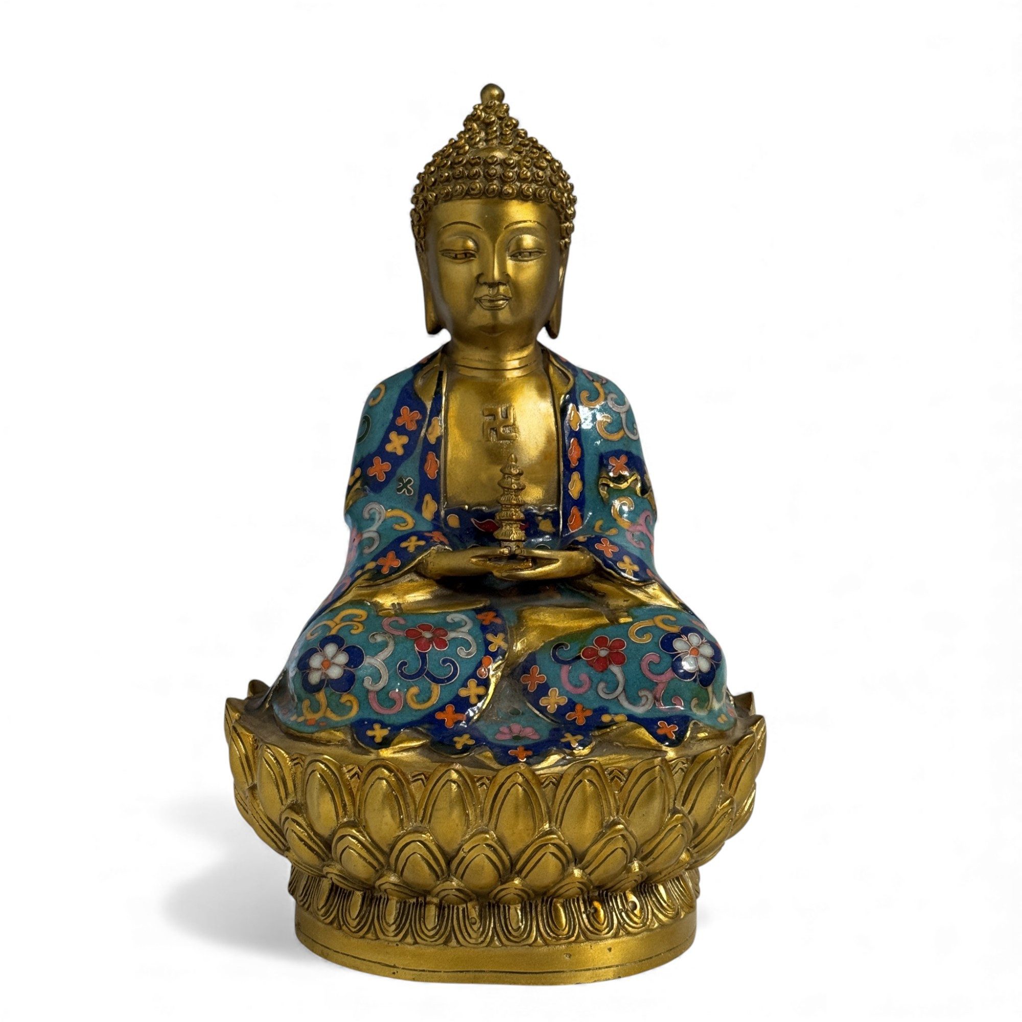 Asien LifeStyle Buddhafigur Cloisonné Buddha aus Bronze mit Stupa – China