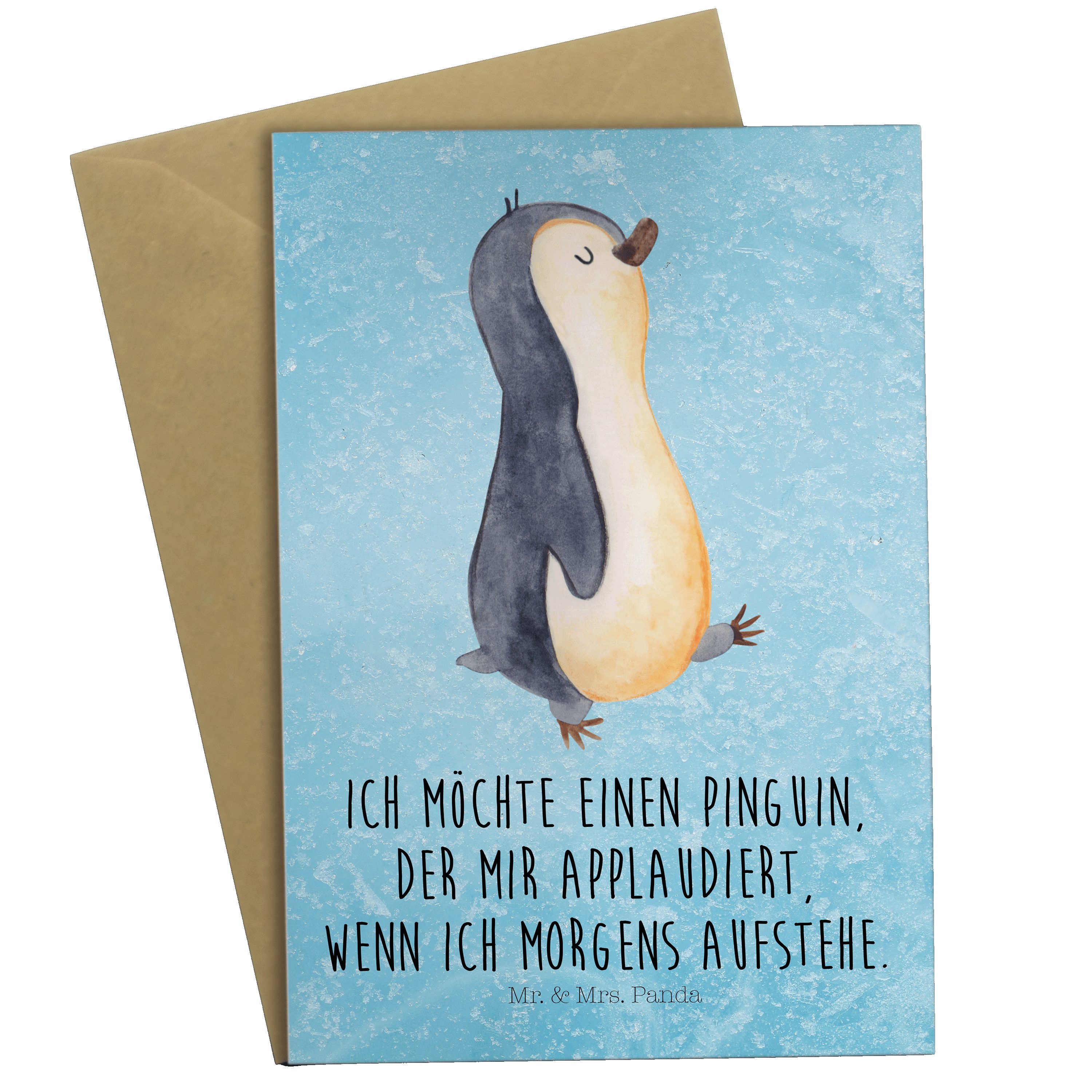 Mr. & Mrs. Panda Geschenk, Pinguin Eisblau - Klappkarte, Grußkarte Pinguine, Gebu marschierend 