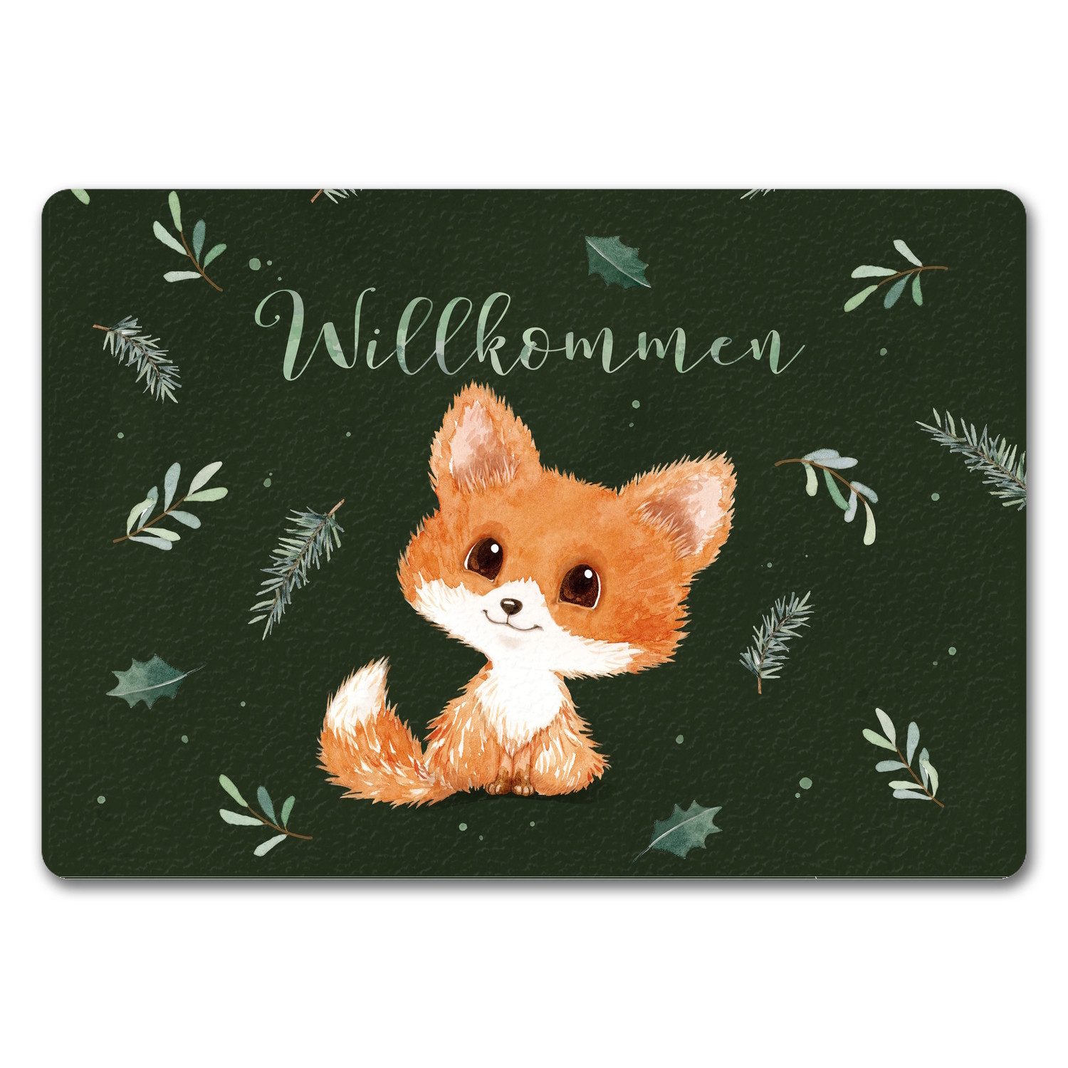 Fußmatte Baby Fuchs Fußmatte in 35x50 cm ohne Rand grün mit Spruch Willkommen