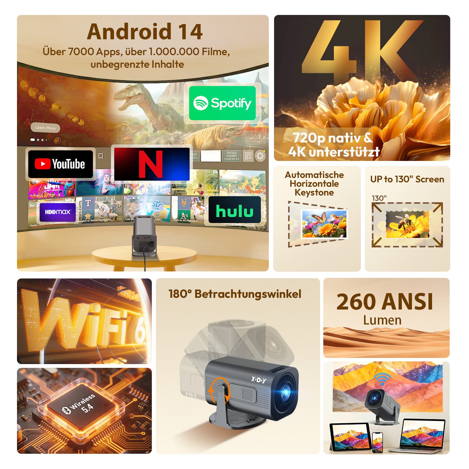 XGODY 2026 Neu Tragbarer Projektor Gimbal 3Pro 4K Android 14 Wifi6 BT 5.4 Mini-Beamer (260 lm, 1500:1, 3840 x 2160 px, Android 14 OS mit App-Store, Youtube, Netflix, Prime Video etc)