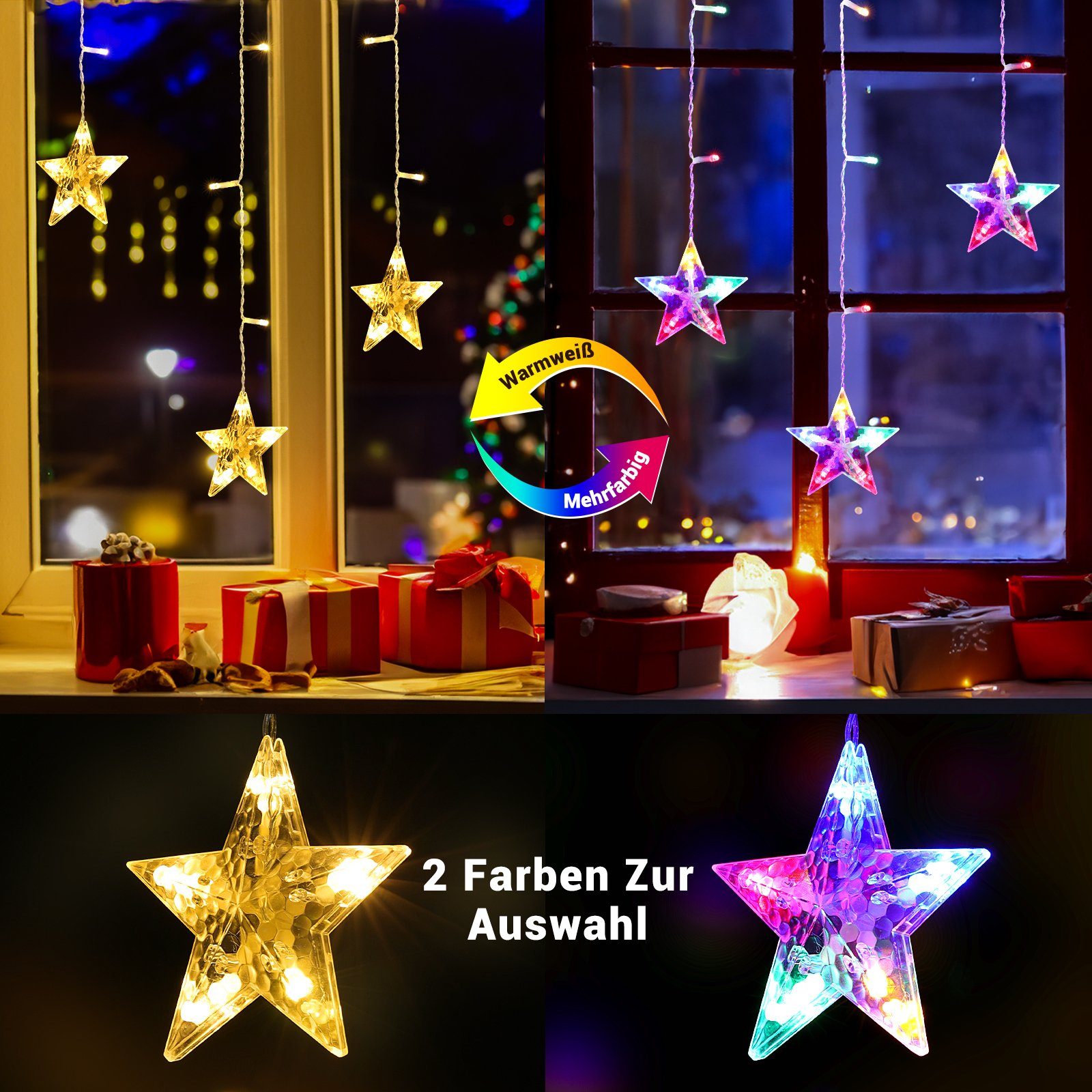 3/5 mit stern Elegear für 160/188cm fenster Lichterkette Warmweiß&Bunt LED Wechselbar LED-Lichtervorhang 36-flammig, Weihnachtsdeko, Sterne,