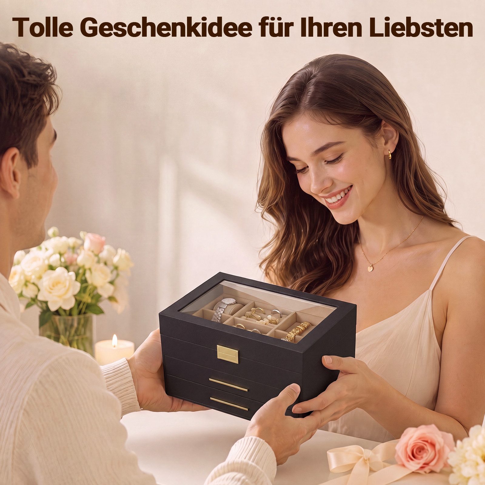 Hausright Schmuckkasten 3 Ebenen Schmuckbox mit Glasdeckel, 2 Schubladen (Schmuckschatulle) – Bild 5 von 5
