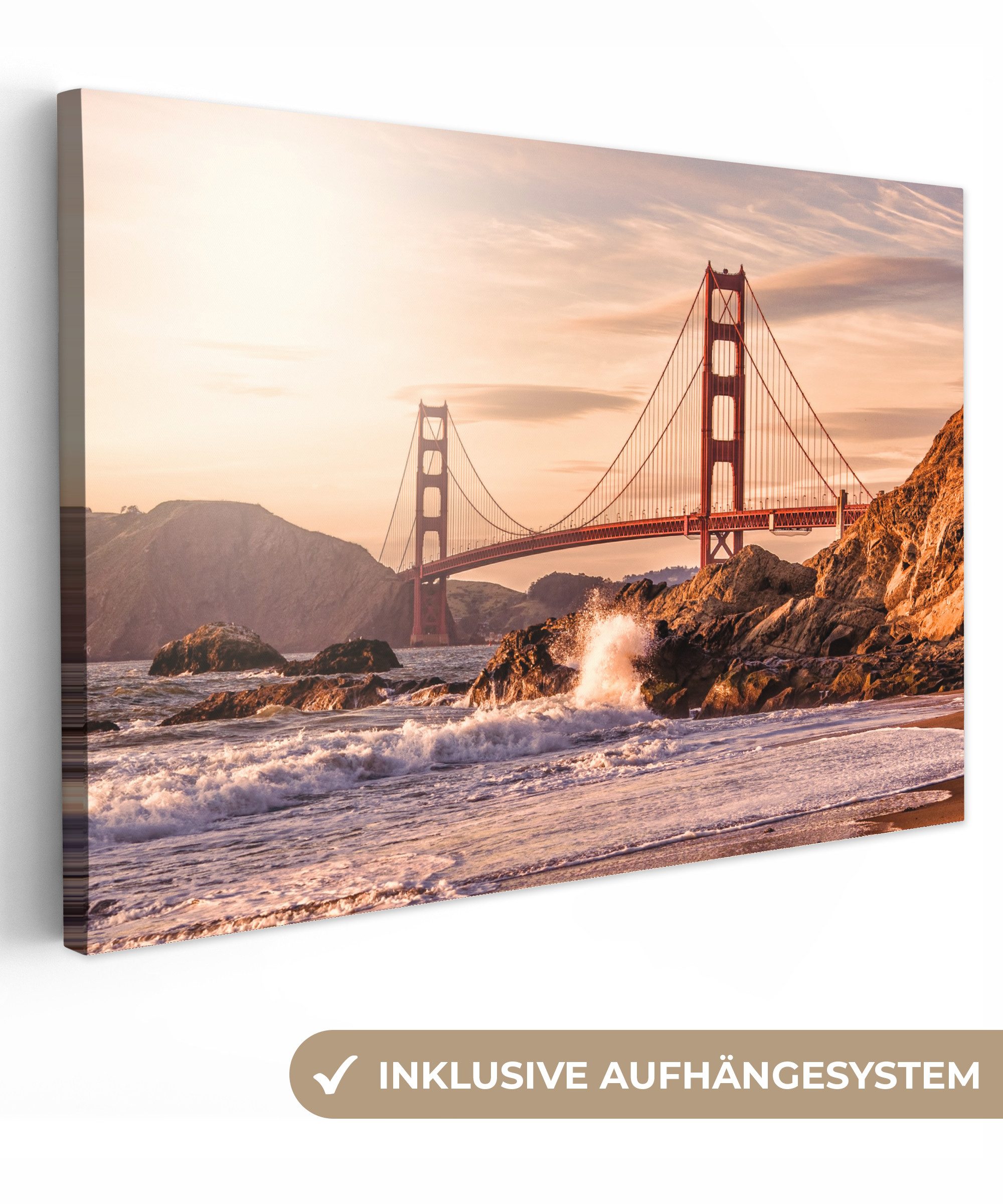 OneMillionCanvasses® Leinwandbild Golden Gate Bridge mit wilden Wellen, die günstig online kaufen