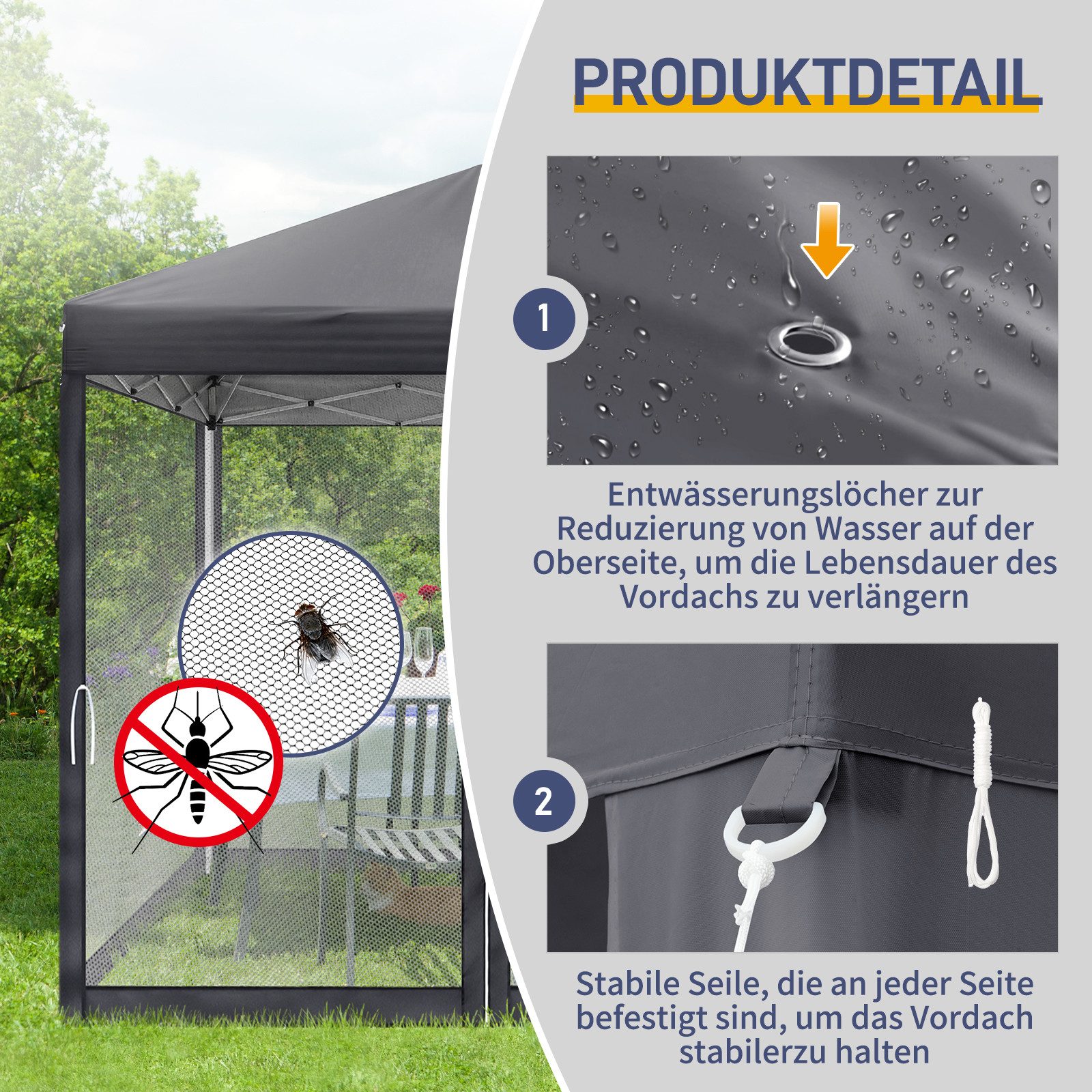 LALAHO Faltpavillon Partyzelt Pop Up Pavillon 2x2m, mit 4 Netzvorhängen, UV-Schutz, mit 4 Seitenteilen, Gartenpavillon höhenverstellbar,mit Tragetasche,für Gart – Bild 5 von 5