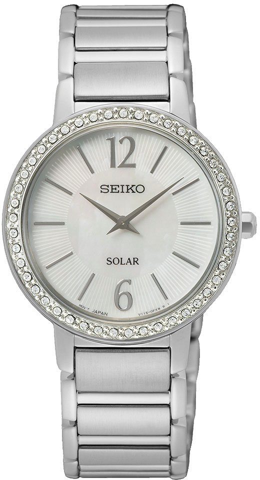 Seiko Solaruhr SUP467P1, Armbanduhr, Damenuhr, Perlmutt-Zifferblatt, Kristallsteine