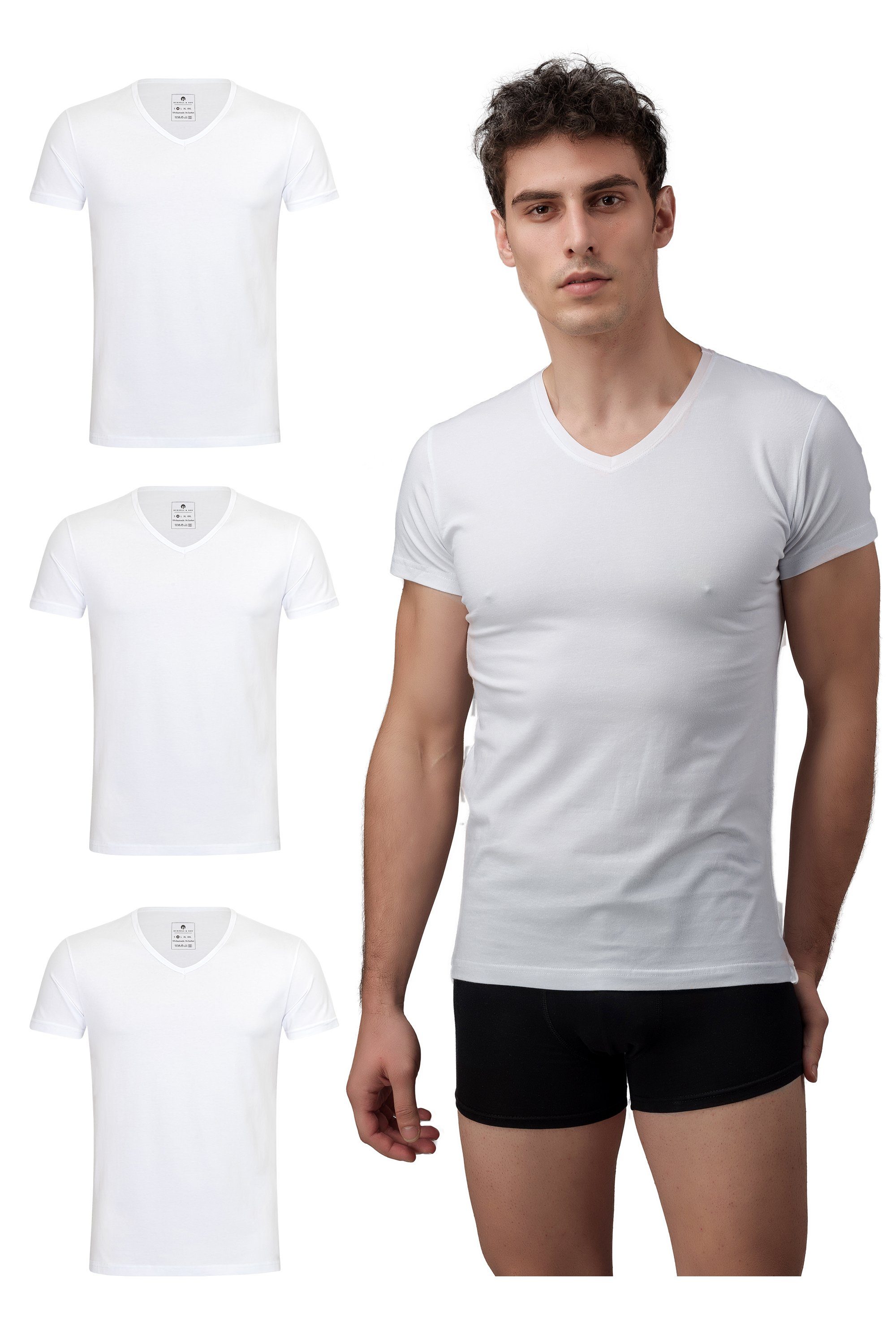 Burnell & Son T-Shirt Unterhemd Unterziehshirt mit Kurzarm und V-Ausschnitt aus Baumwolle (Packung, 3-tlg., 3er-Pack) Weiß