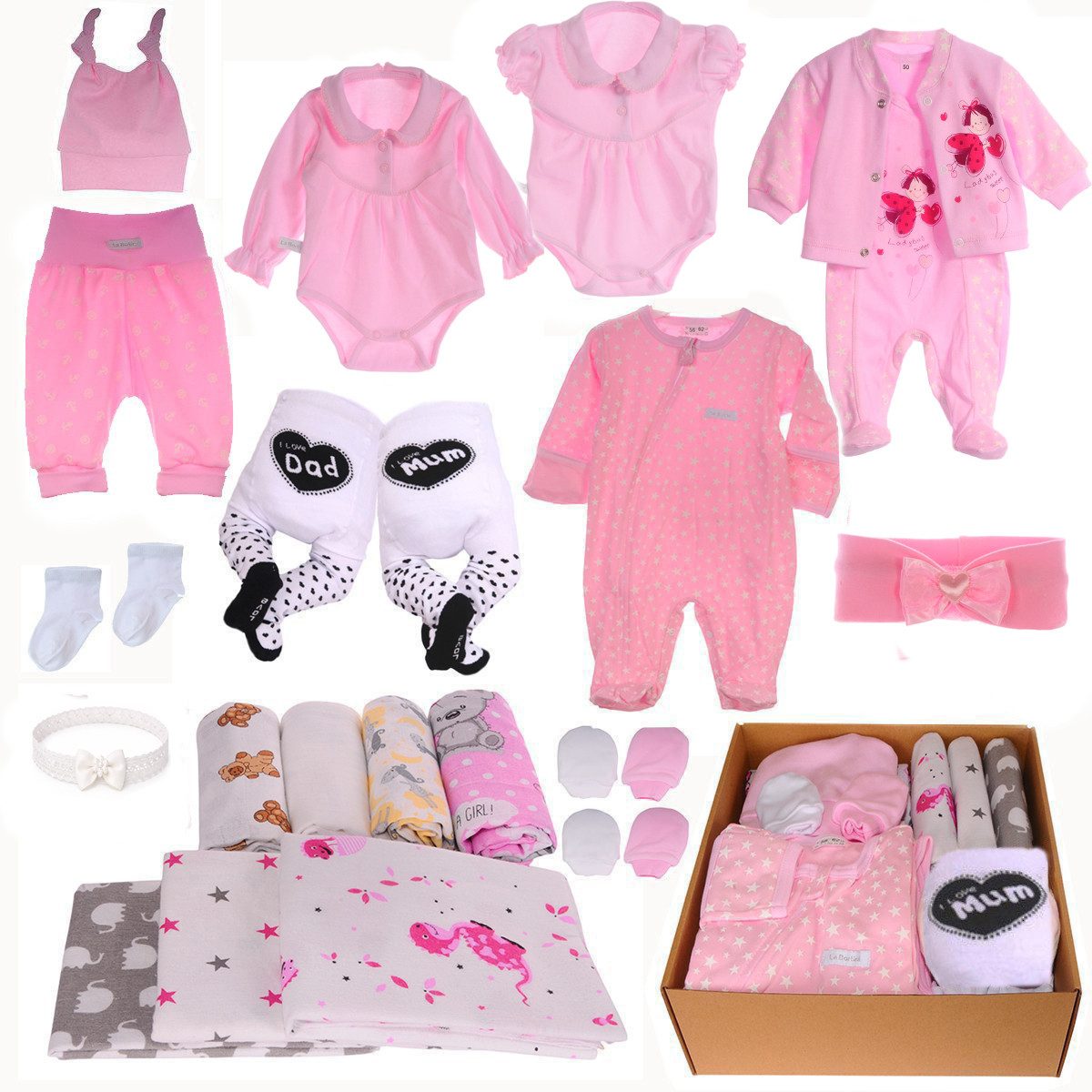 La Bortini Erstausstattungspaket Baby Set 21 Teile Body Hose Strampler Strumpfhosen Shirt Socken (Paket für Mädchen, Bekleidung für Neugeborene, Geschenk zur Geburt) aus Baumwolle, ein Geschenk zur Geburt, Paket in Rosa für Neugeborene