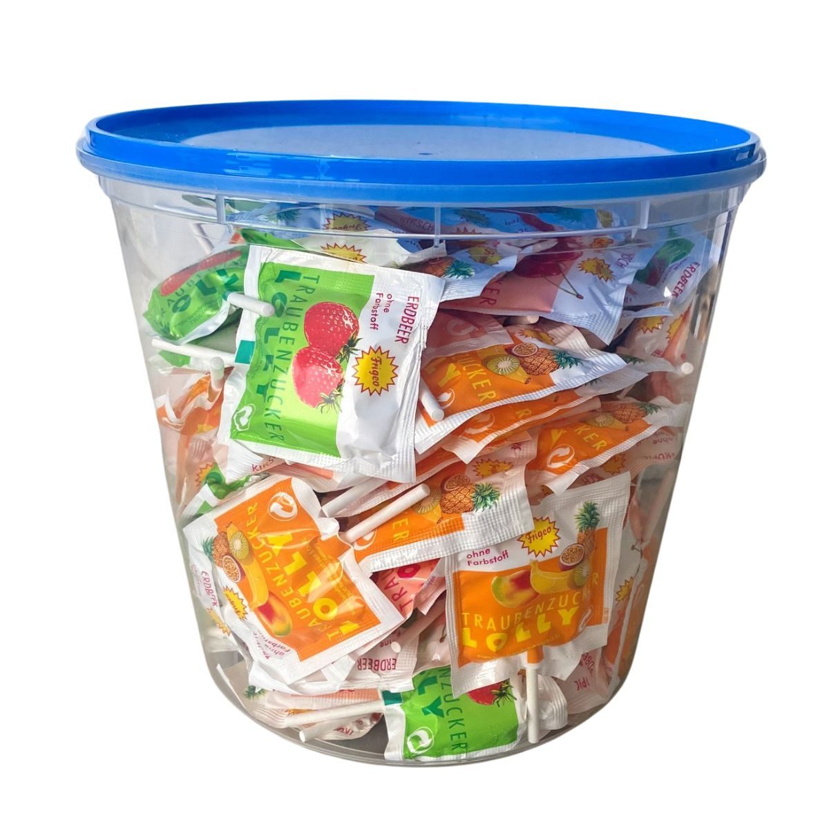 FRIGEO Süßigkeit Frigeo Traubenzucker Lollys – 100 Stück im Eimer, 3 Sorten, 750 g, 100 St.