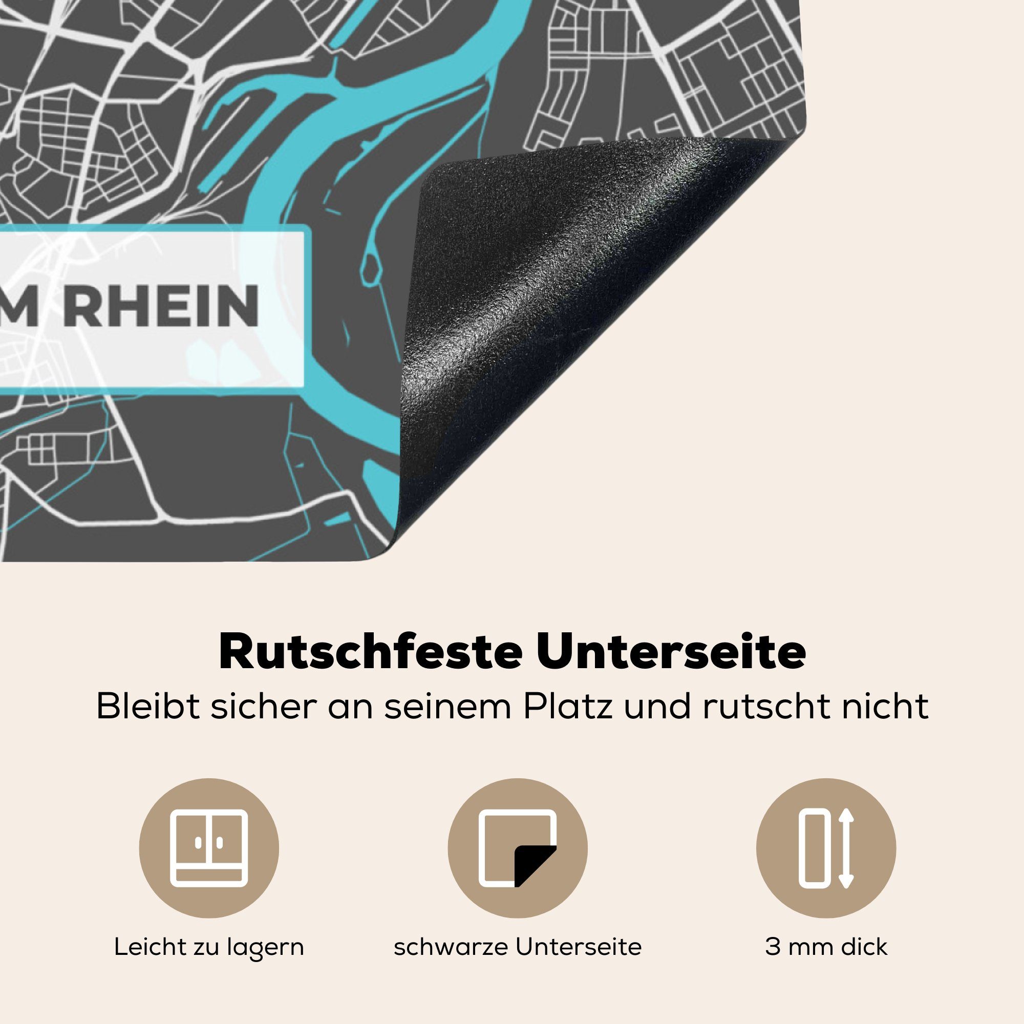 Blau - - Karte Herdblende-/Abdeckplatte Rhein Ludwigshafen Ceranfeldabdeckung, - tlg), (1 küche Vinyl, Stadtplan am Deutschland, für Arbeitsplatte 78x78 MuchoWow cm, -