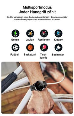 TPFNet SW19 mit Edelstahl Armband - individuelles Display Smartwatch (Android), EKG Armbanduhr mit Musiksteuerung, Herzfrequenz, Schrittzähler, Kalorien, Social Media etc. - Schwarz