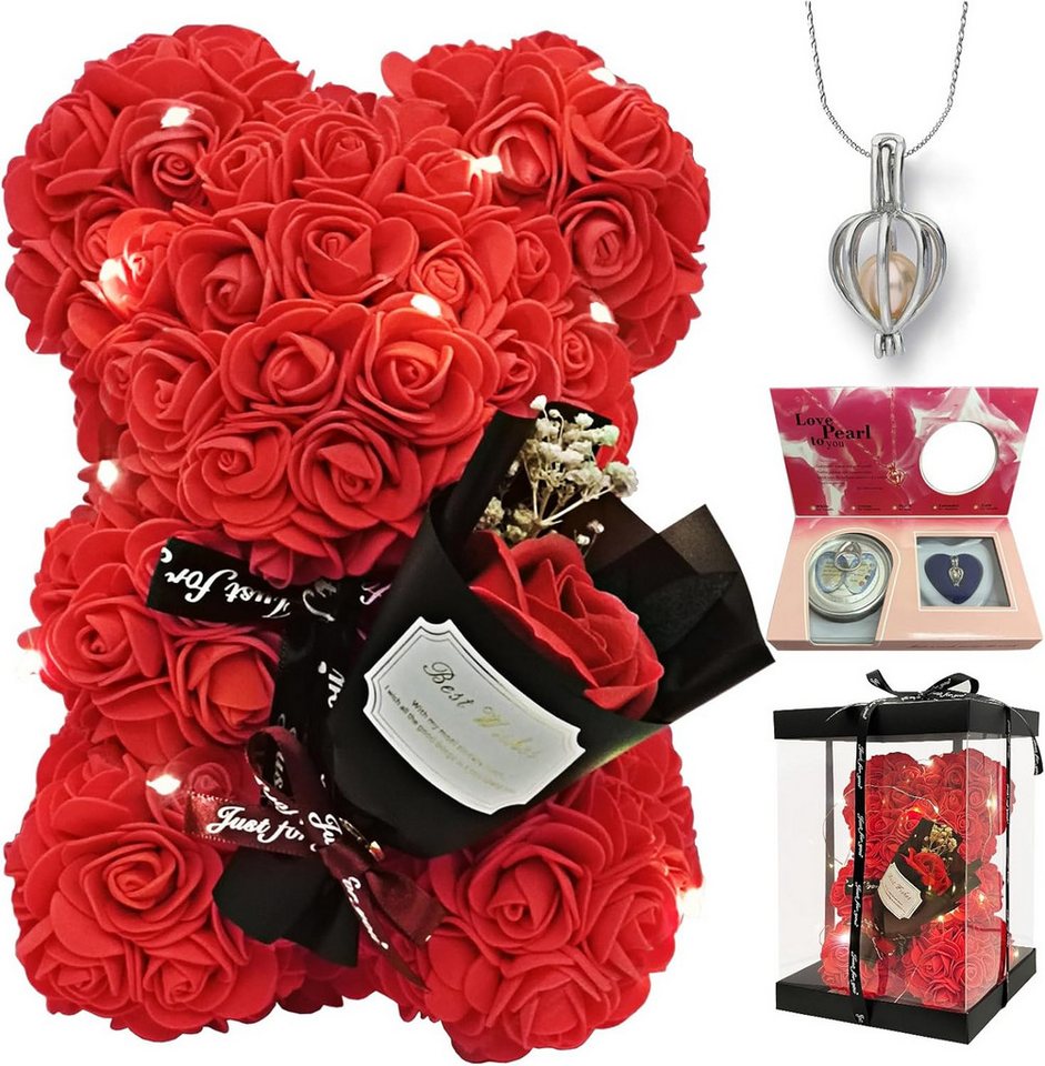 Kunstblumenstrauß Romantischer Rosen-Teddybär Geschenkset mit LED-Licht und einer Halskette aus echten Süßwasserperlen, Valentinstagsgeschenk für Ihre Freundin, Ehefrau, Mutter und andere Frauen, Vivitar, Rosenbär mit Perlen-Überraschungsbox (Blindbox-Per