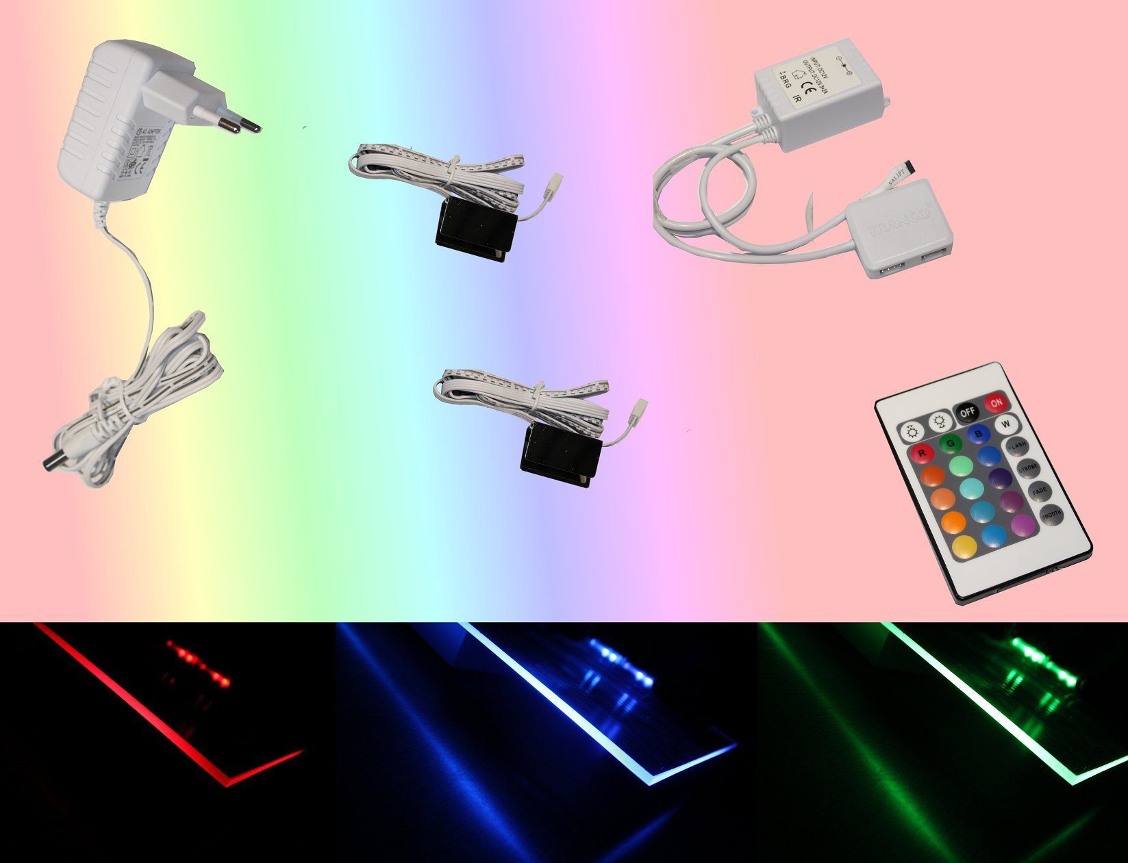 TRANGO LED Glaskantenbeleuchtung, 2er Set RGB Farbwechsel LED Glaskantenbeleuchtung 5022-02 inkl. Fernbedienung Schrankbeleuchtung I Glasbodenbeleuchtung I Vitrinenbeleuchtung, LED Clips I Möbelbeleuchtung