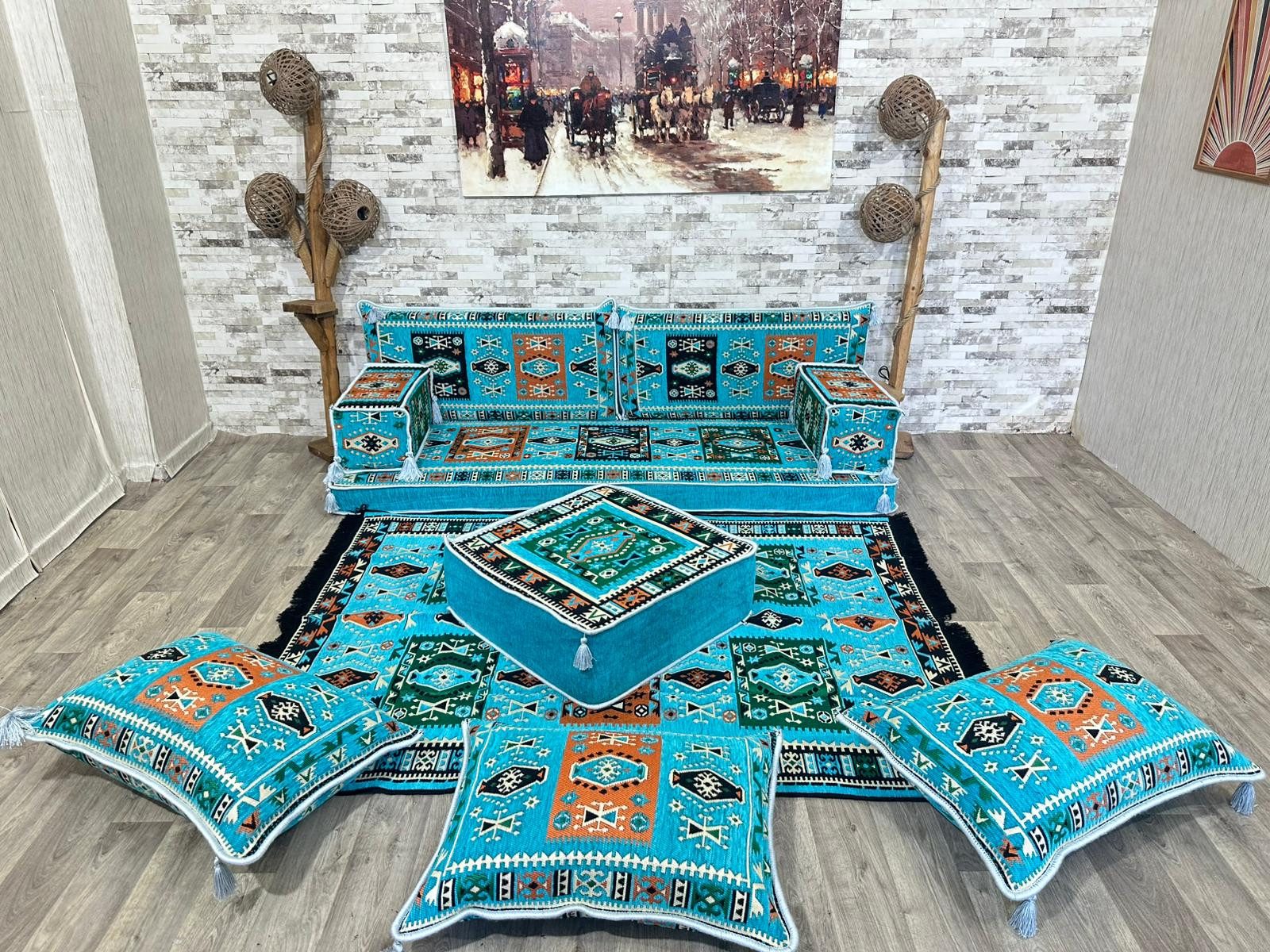 Sofa Kelim, Sitzkissen, Orientalisches Sofa, Türkis-Milas-Gerade-1