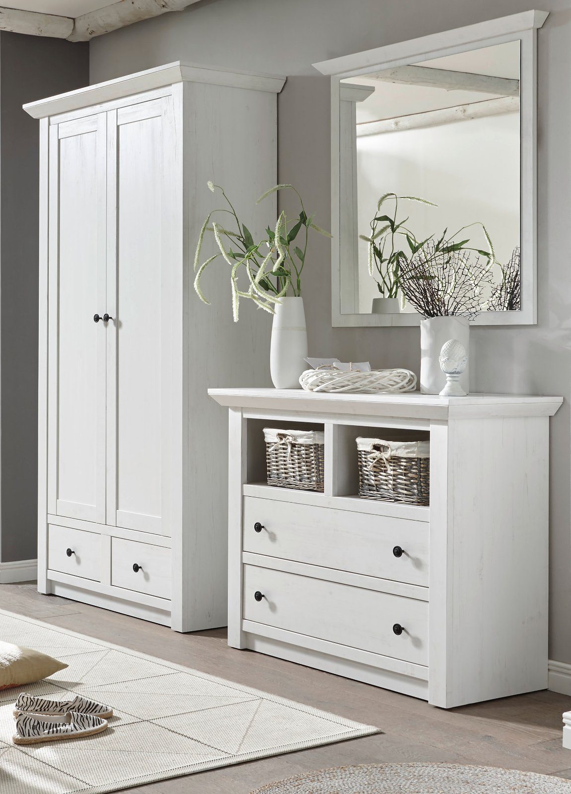 Furn.Design Garderoben-Set Hooge, (Garderobe in Pinie weiß, Set 3-teilig), Landhaus modern, variable Inneneinteilung