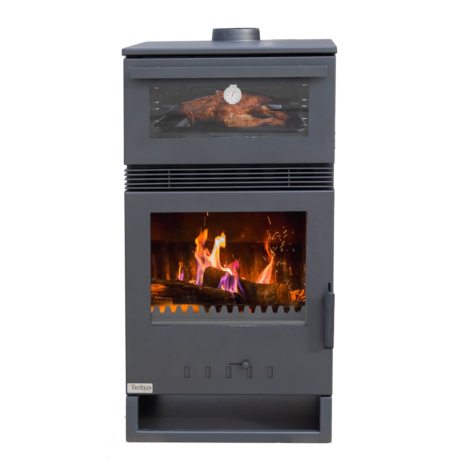 Teba Therm Kaminofen mit Backfach Panorama Kamin 3 Scheiben Glas TKS 15 Holzofen Dauerbrand, Externe Luftzufuhr