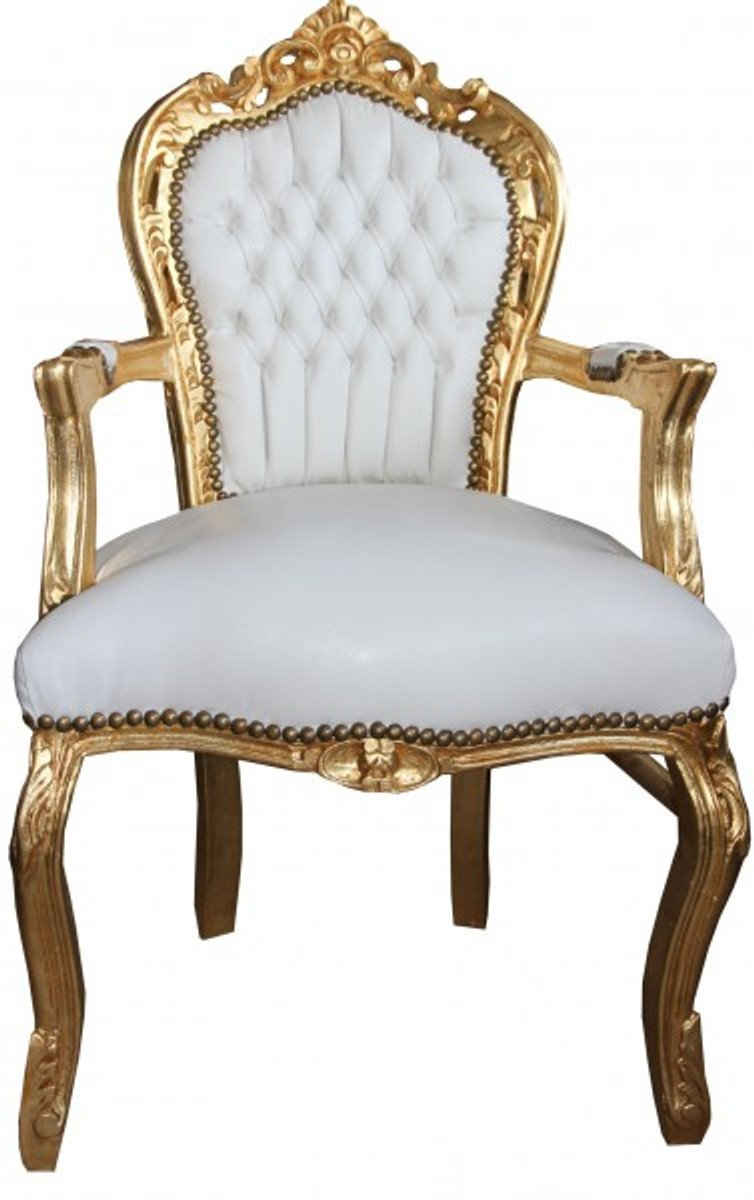 Casa Padrino Esszimmerstuhl Barock Esszimmer Stuhl mit Armlehnen Weiß / Gold Lederoptik