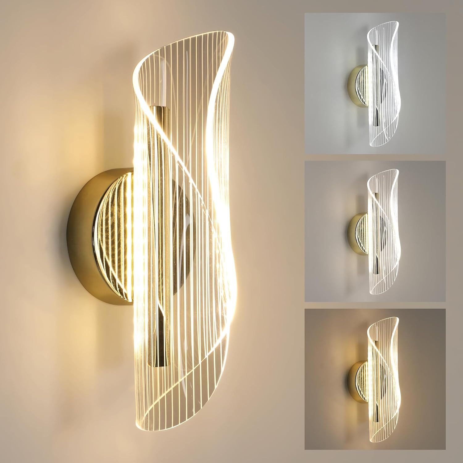 Riserva Wandleuchte Moderne LED Wandlampe Schlafzimmer, 16W 3-Stufen Farbtemperatur, Gold, LED wechselbar