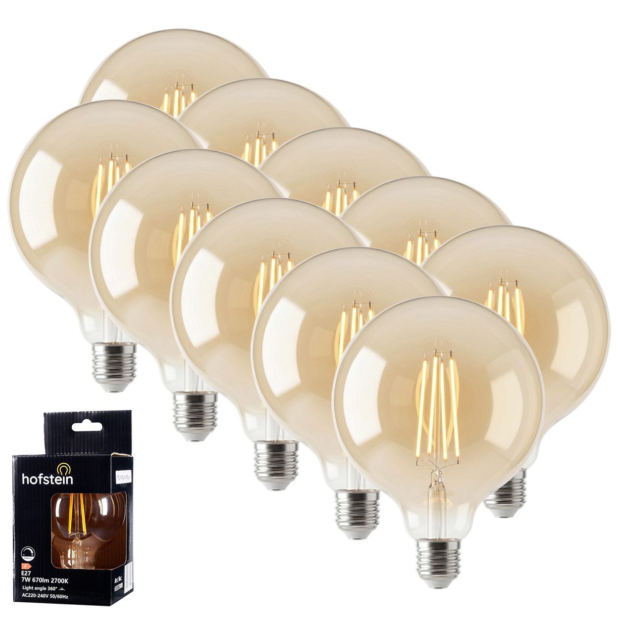 hofstein LED-Leuchtmittel 10er Set Glühbirne Warmweiß dimmbar 7 Watt, E27, 2700 Kelvin, 670 Lumen, Globe Vintage, Filament, Amber