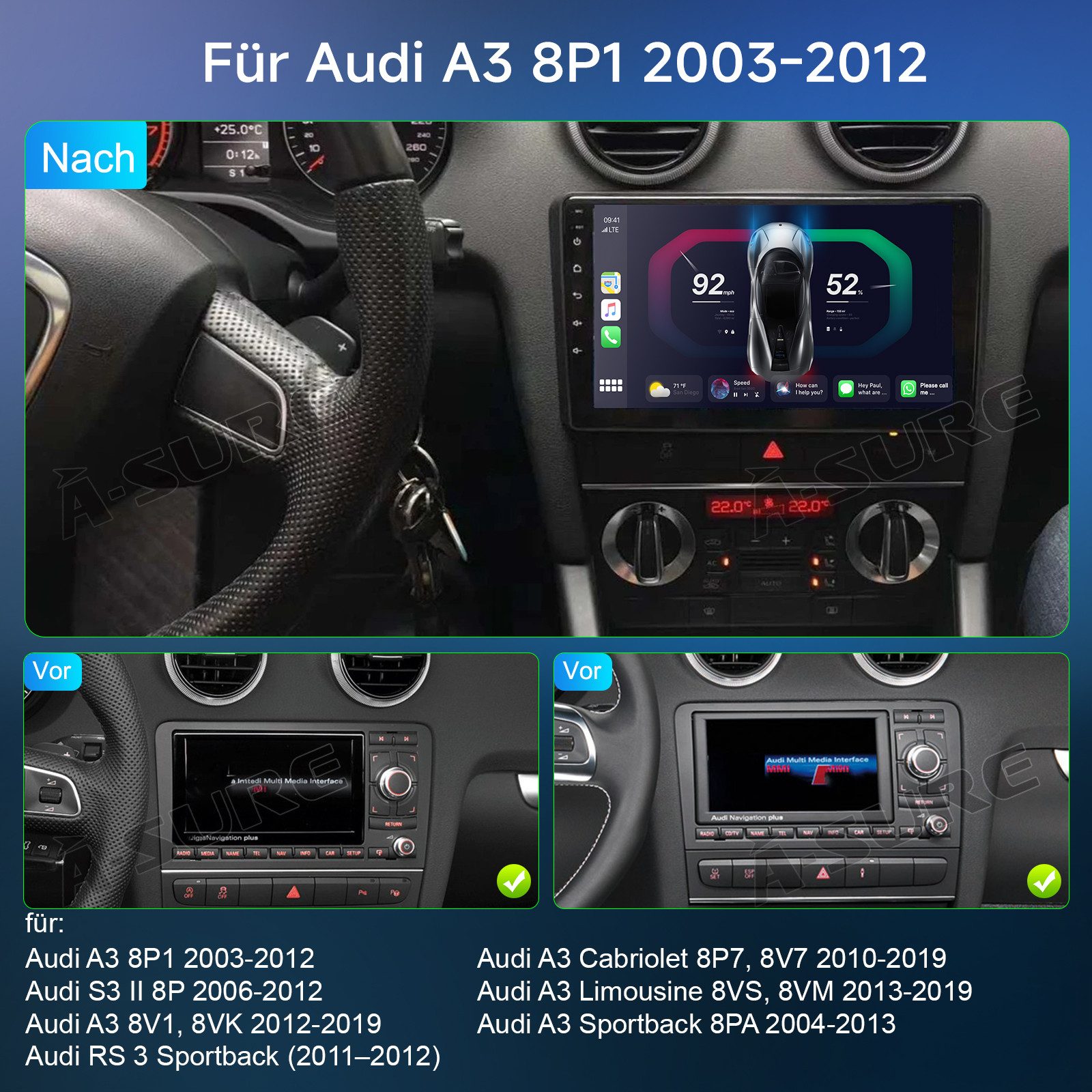 A-Sure 4-Core 8-Core Android 15 Carplay GPS Für AUDI A3 8P 2003-2012 Autoradio (Digitalradio (DAB), USB, FM, 2+64GB, AM)