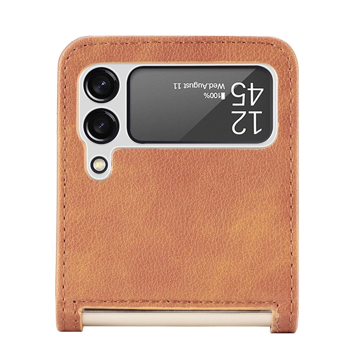 Wigento Handyhülle Für Samsung Galaxy Z Flip4 Faltbare Handytasche mit Kartenfach und Litschi-Textur Schutz Cover Handy Tasche Muster / Motiv Braun Hülle Etuis Muster