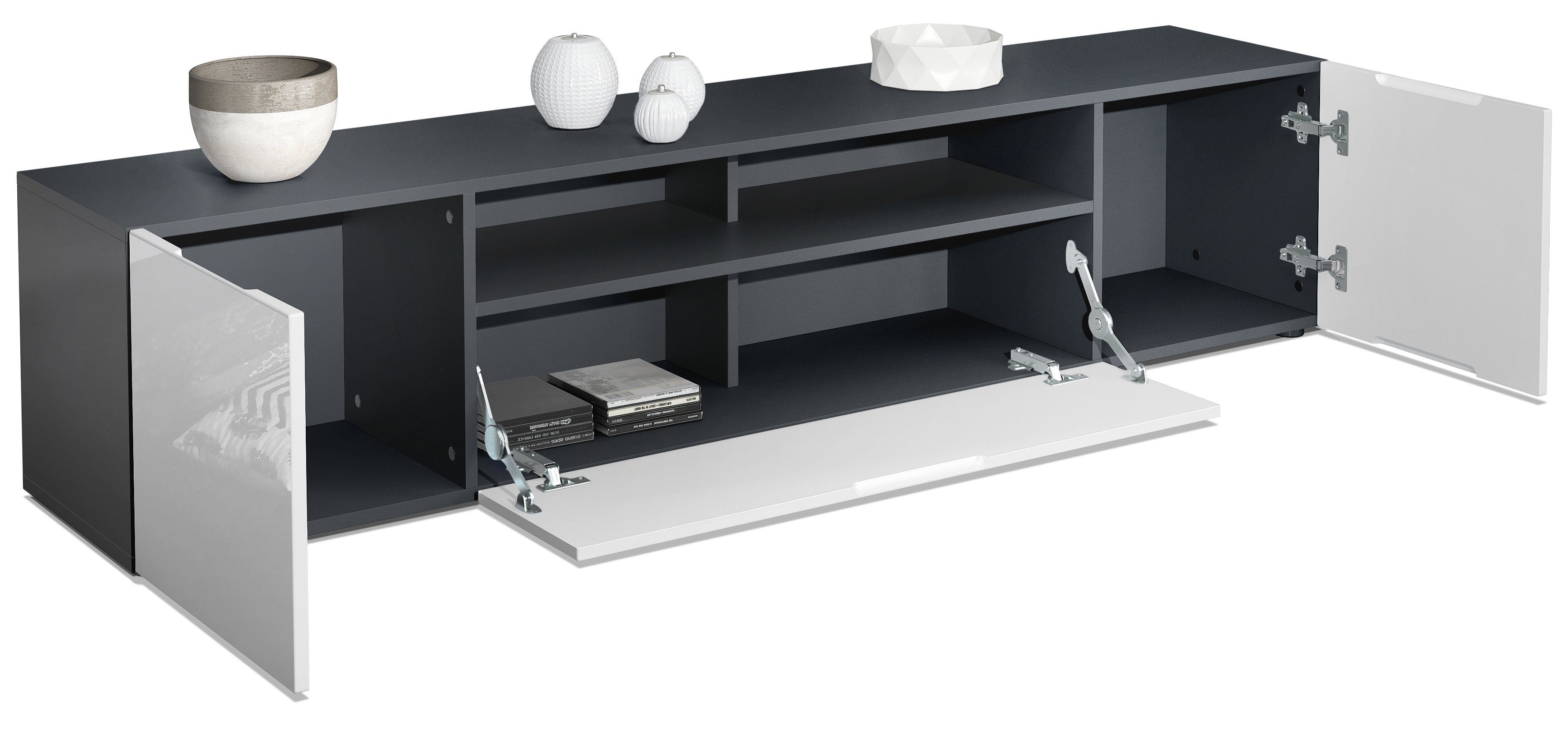 Vladon Lowboard Mogan (TV-Kommode, mit 2 Türen, 1 Klappe und 1 offenes Fach), Schwarz matt/ Schwarz matt (181 x 39 x 35 cm)