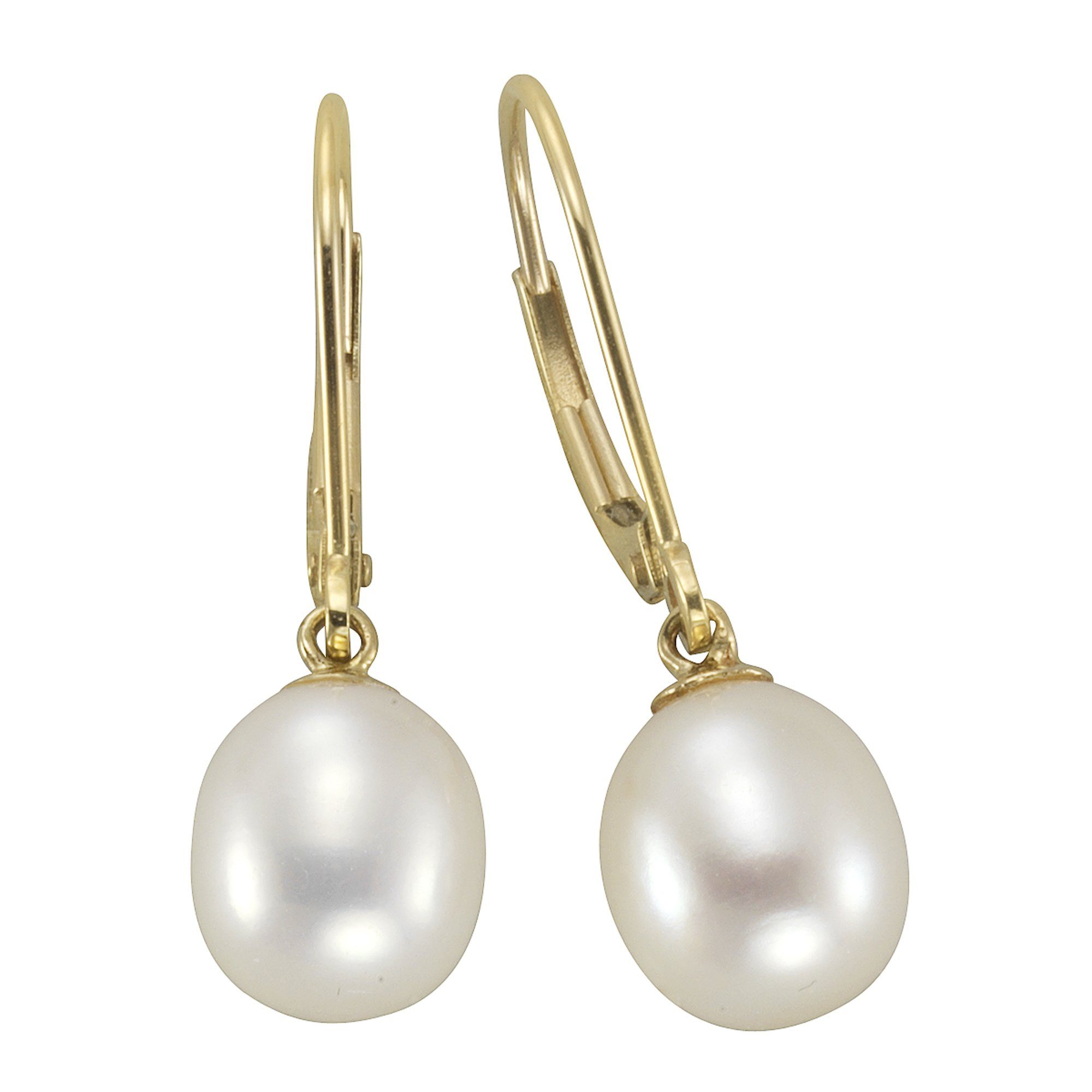 Fascination by Ellen K. Perle Paar Perlen aus echtem Gold Hochwertige 8-8,5mm, 585 Ohrringe Gold 585 weiß Ohrhänger